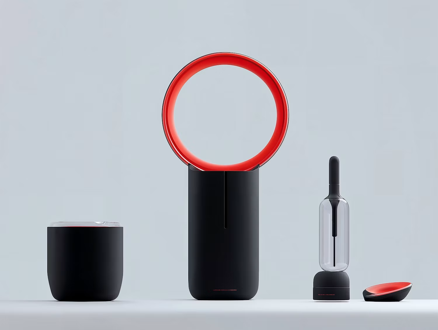 Black and red product family on a grey background