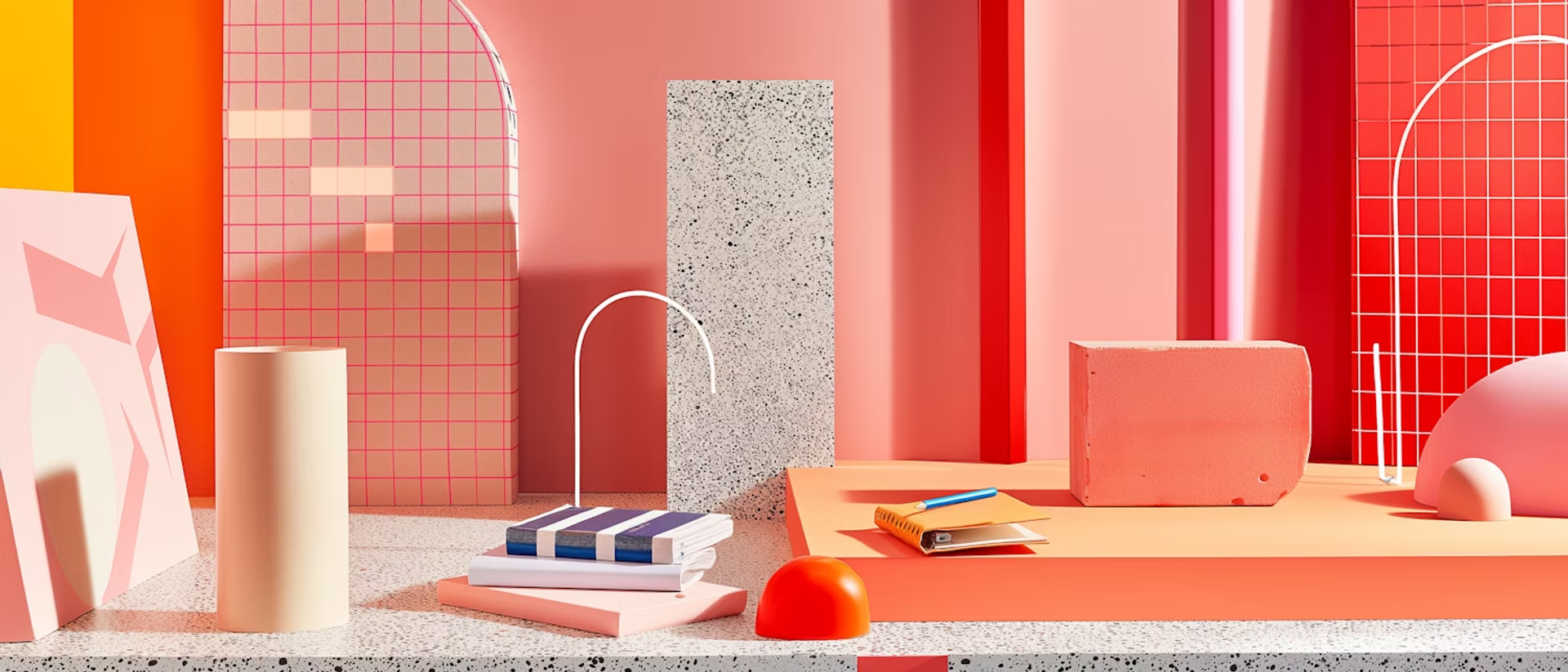 Pink and red studio set with books and shapes
