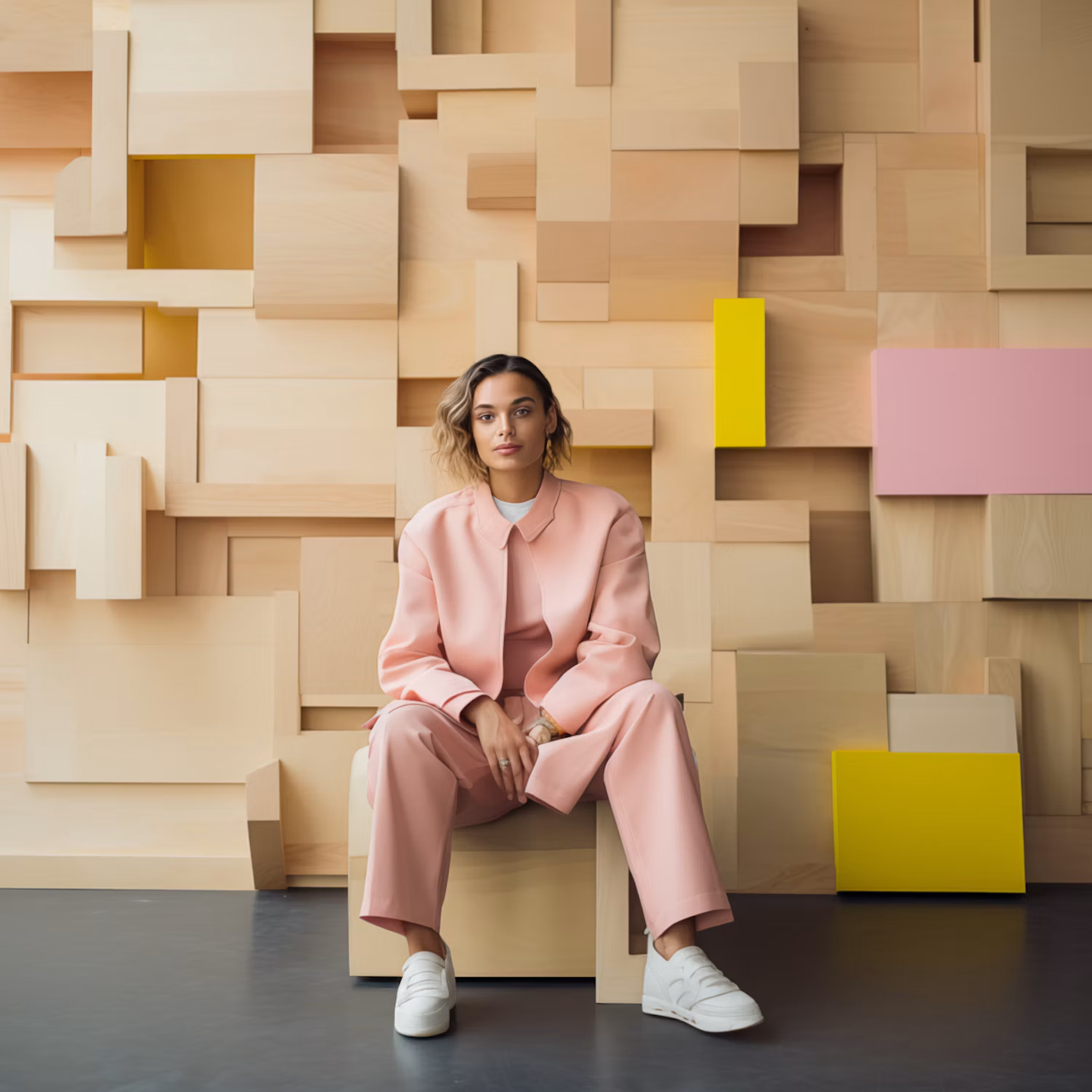 Woman in a pink suit seated before wooden blocks