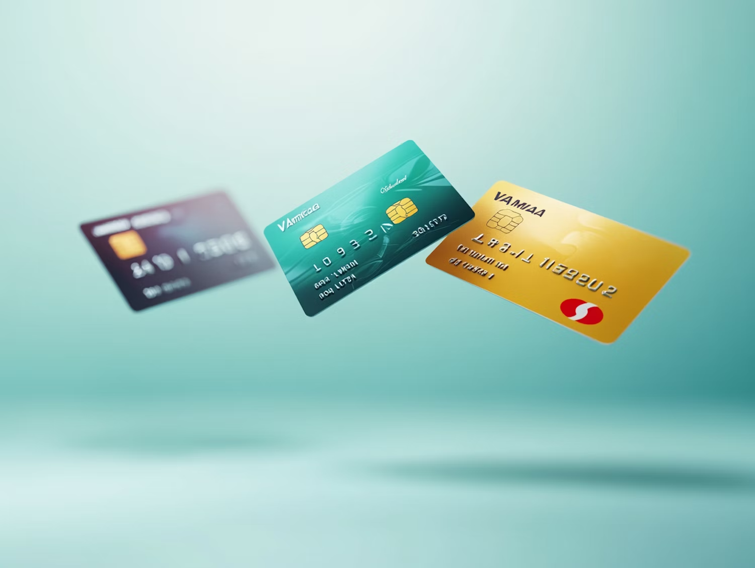 Teal and gold bank cards floating