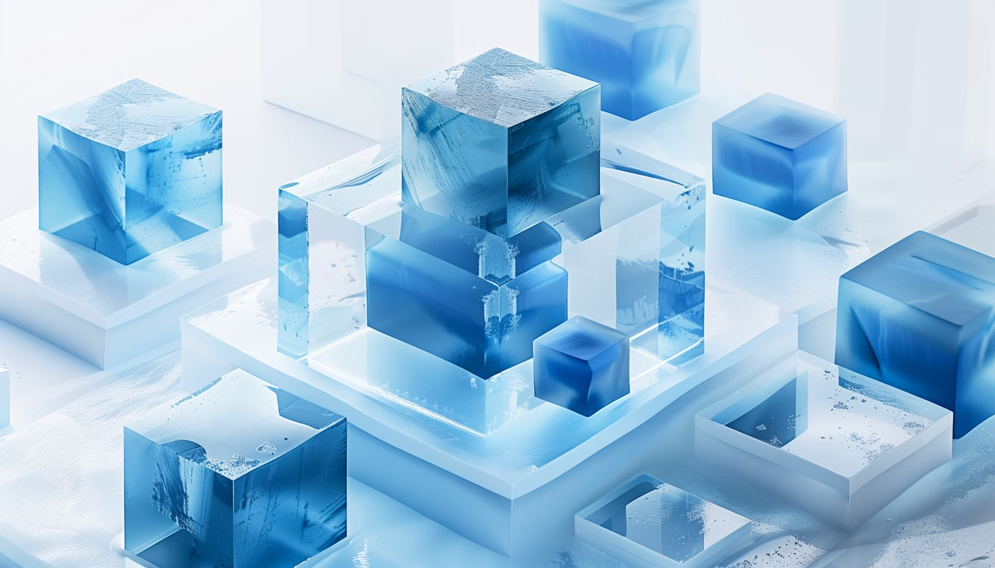 Blue ice cubes on white blocks