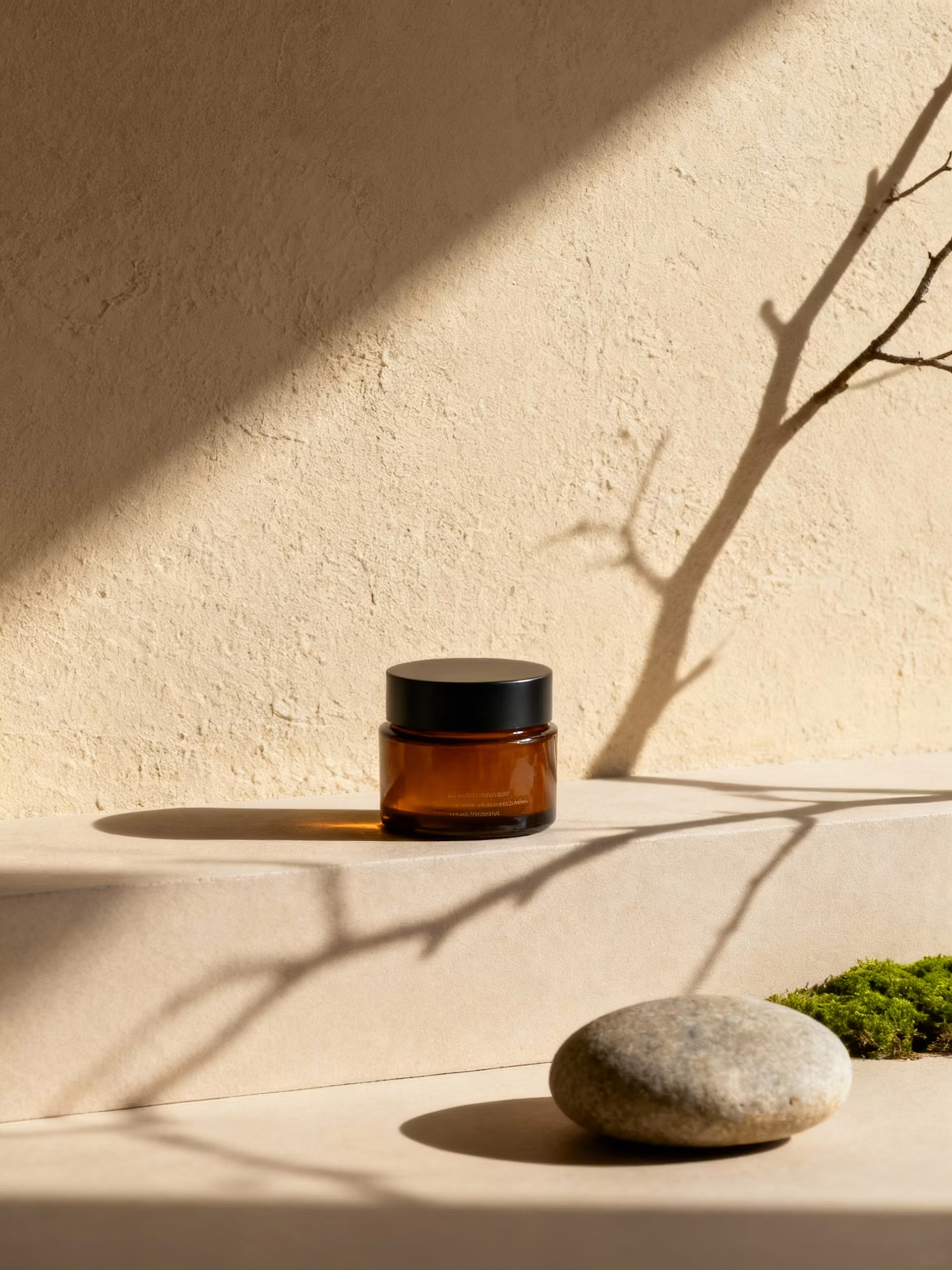 Amber jar and stone in soft sunlight