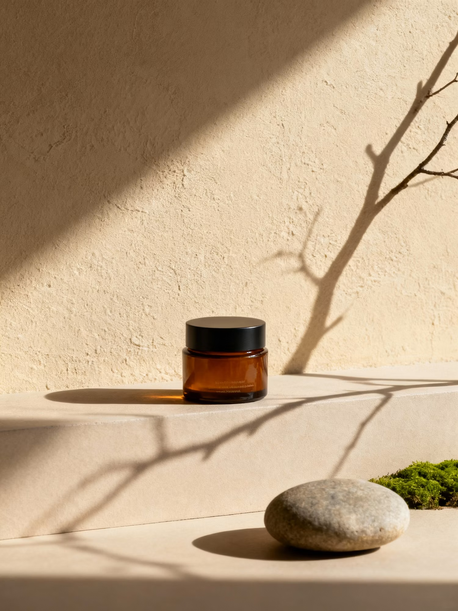 Amber jar and stone in soft sunlight