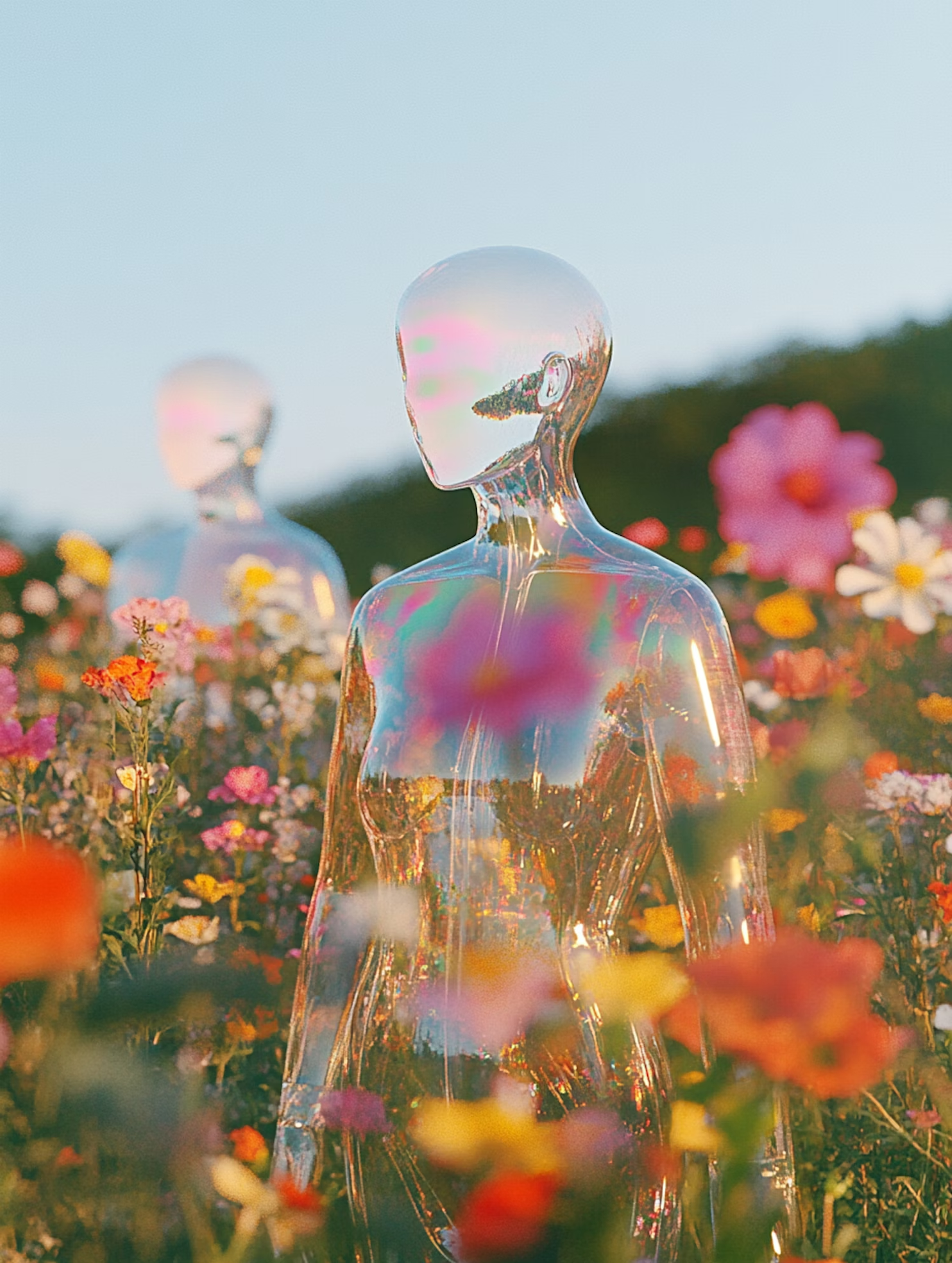 Glass mannequin standing in a field of flowers
