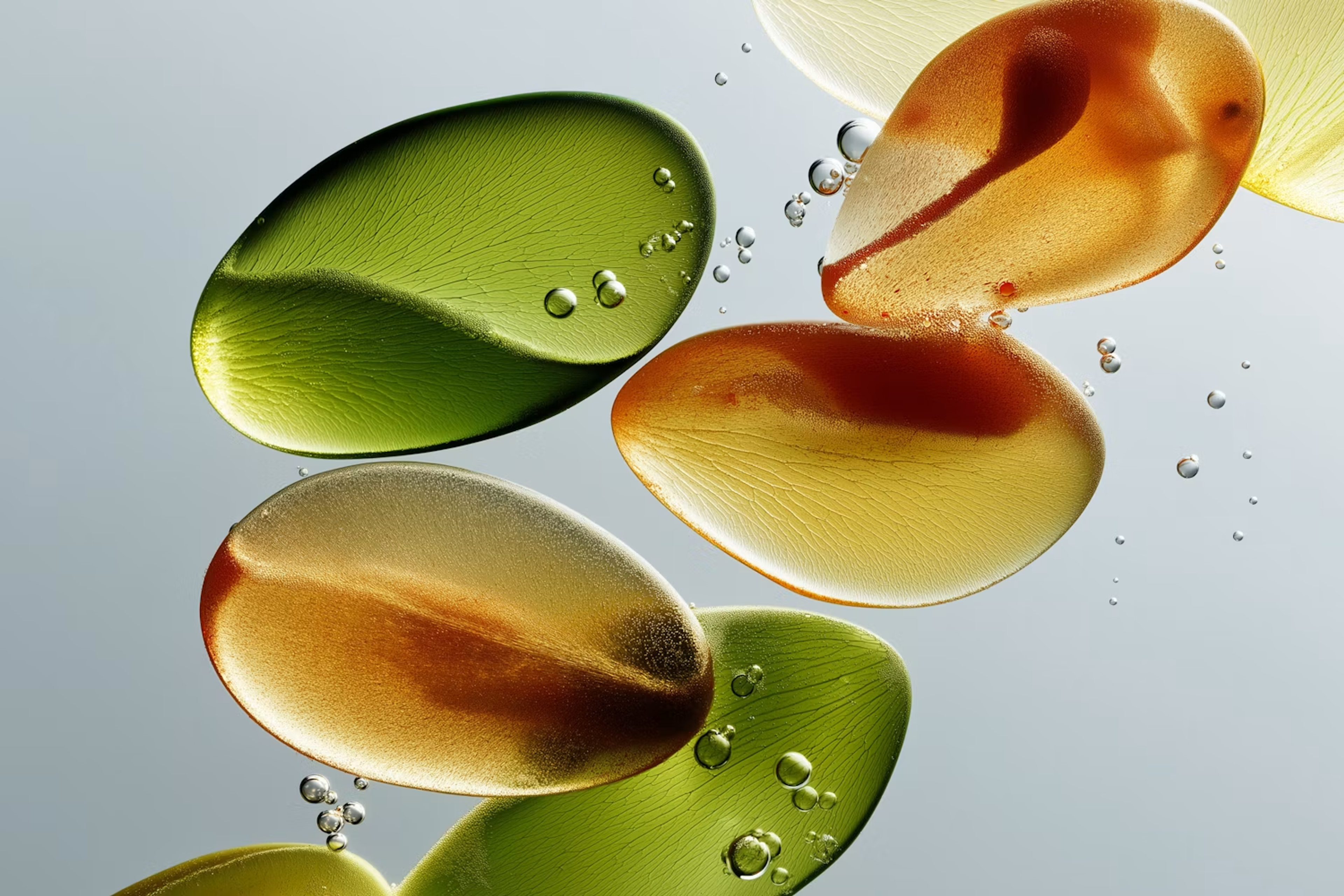 Green and amber oil droplets