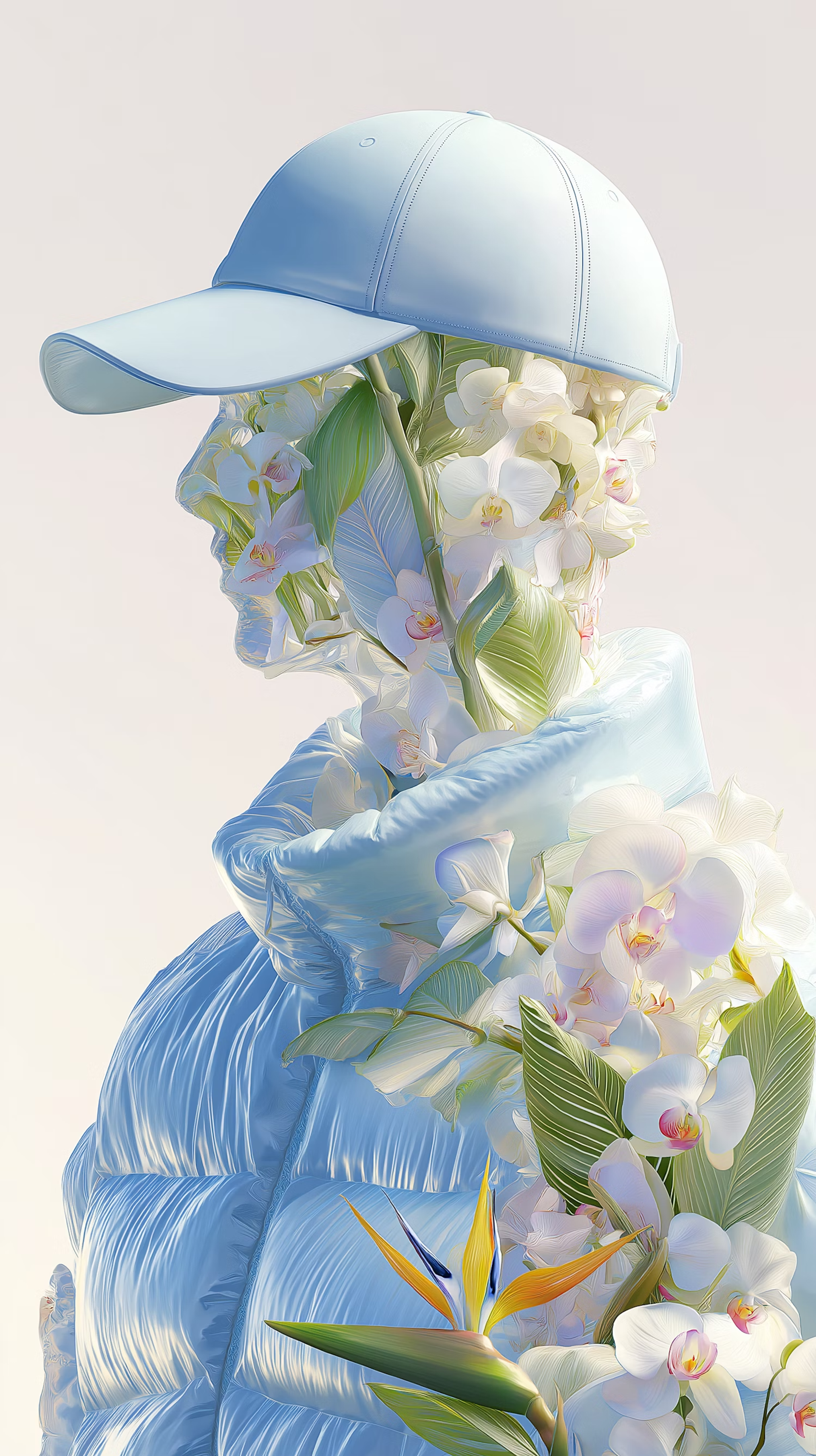 Pale blue cap on a figure made of white flowers