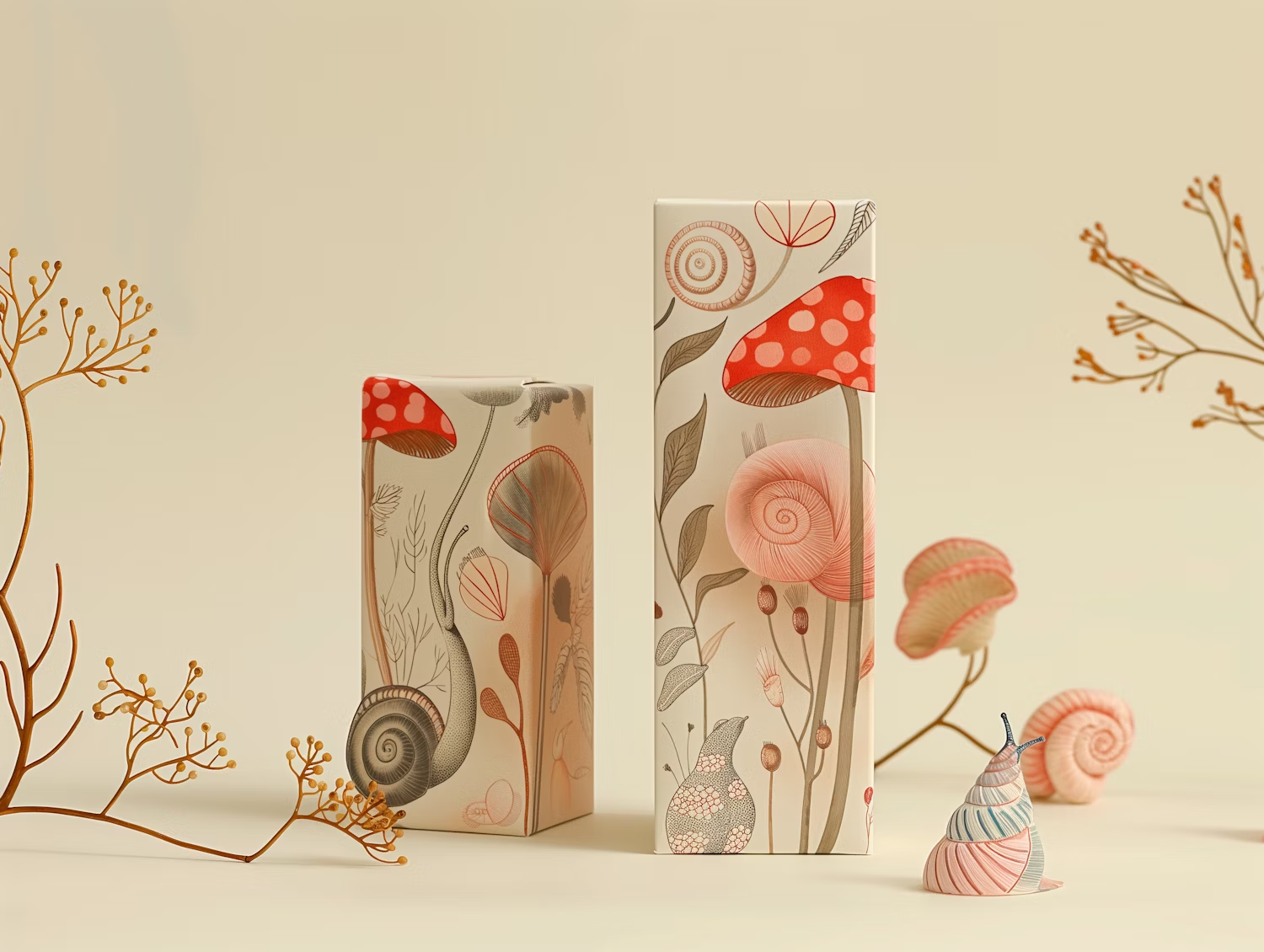 Illustrated packaging boxes with mushrooms