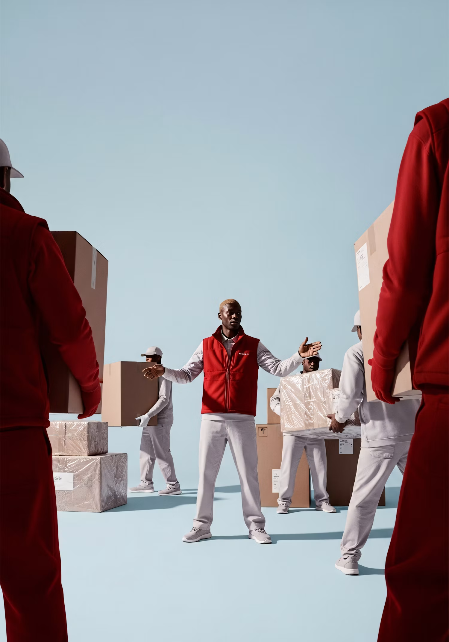 Movers in a red vest carrying boxes