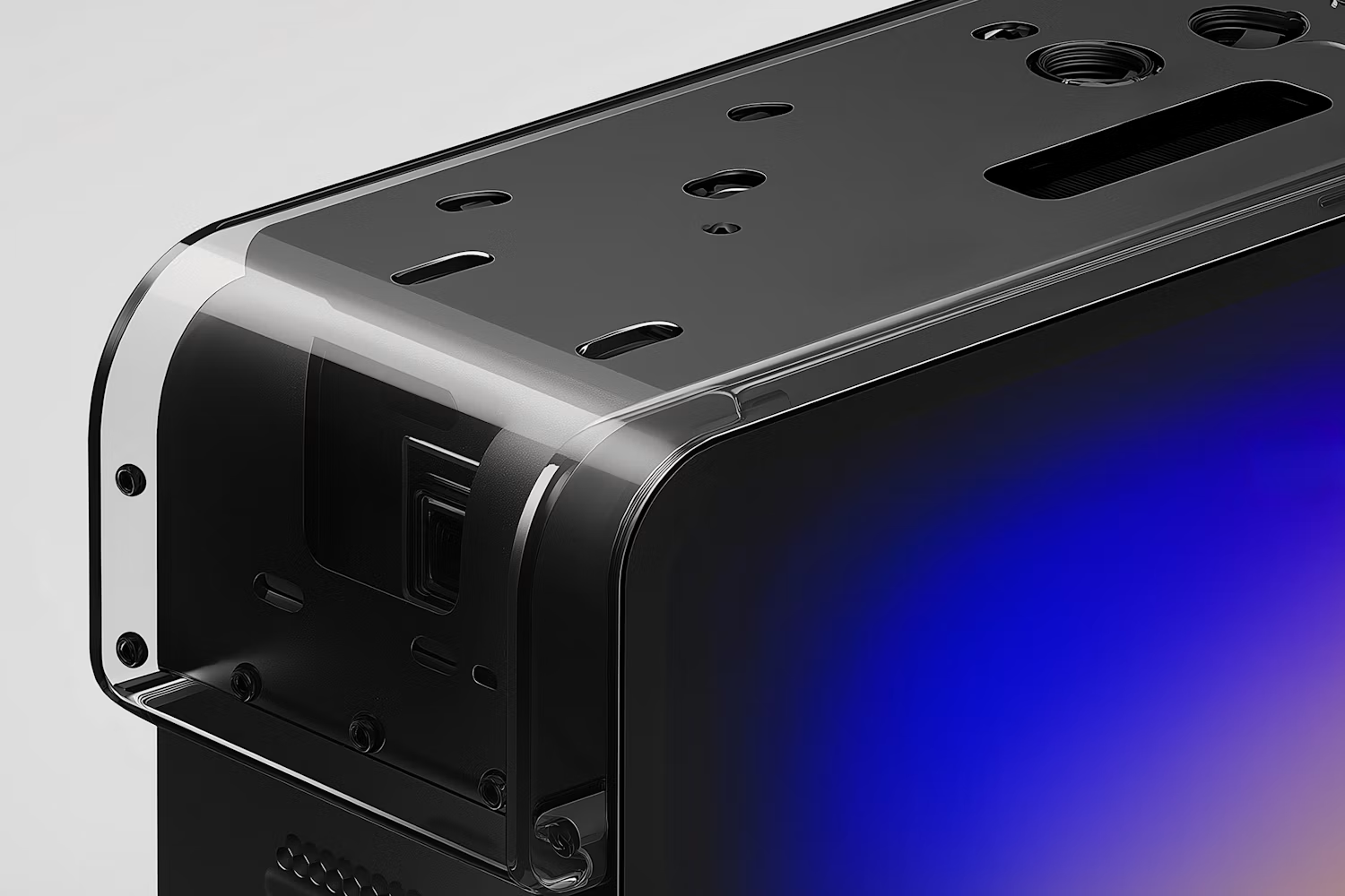 Black device with a blue glowing screen