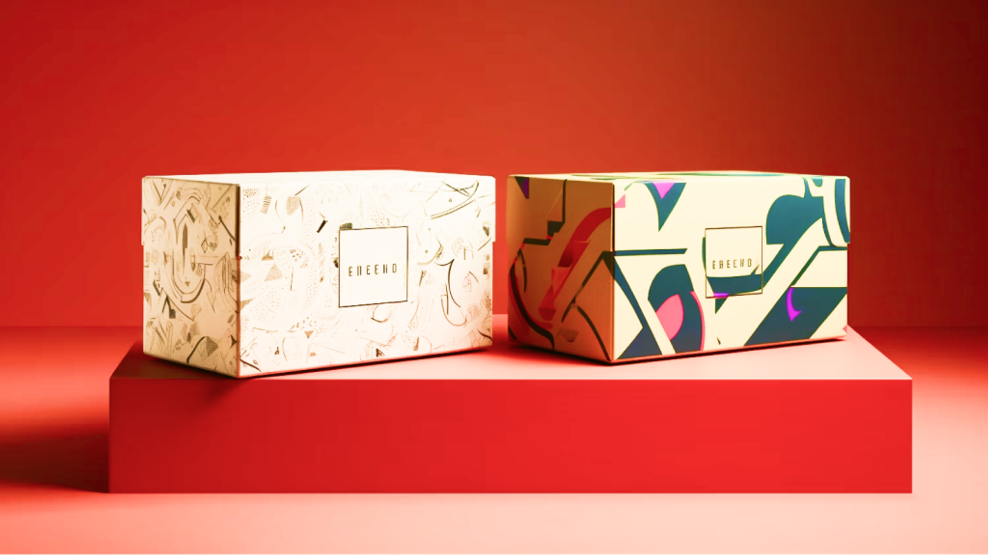 Patterned gift boxes on a red pedestal