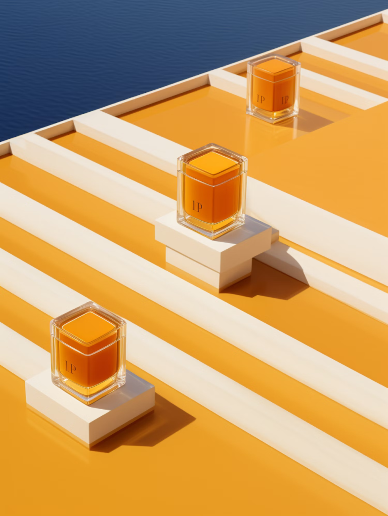 Amber perfume bottle on white blocks