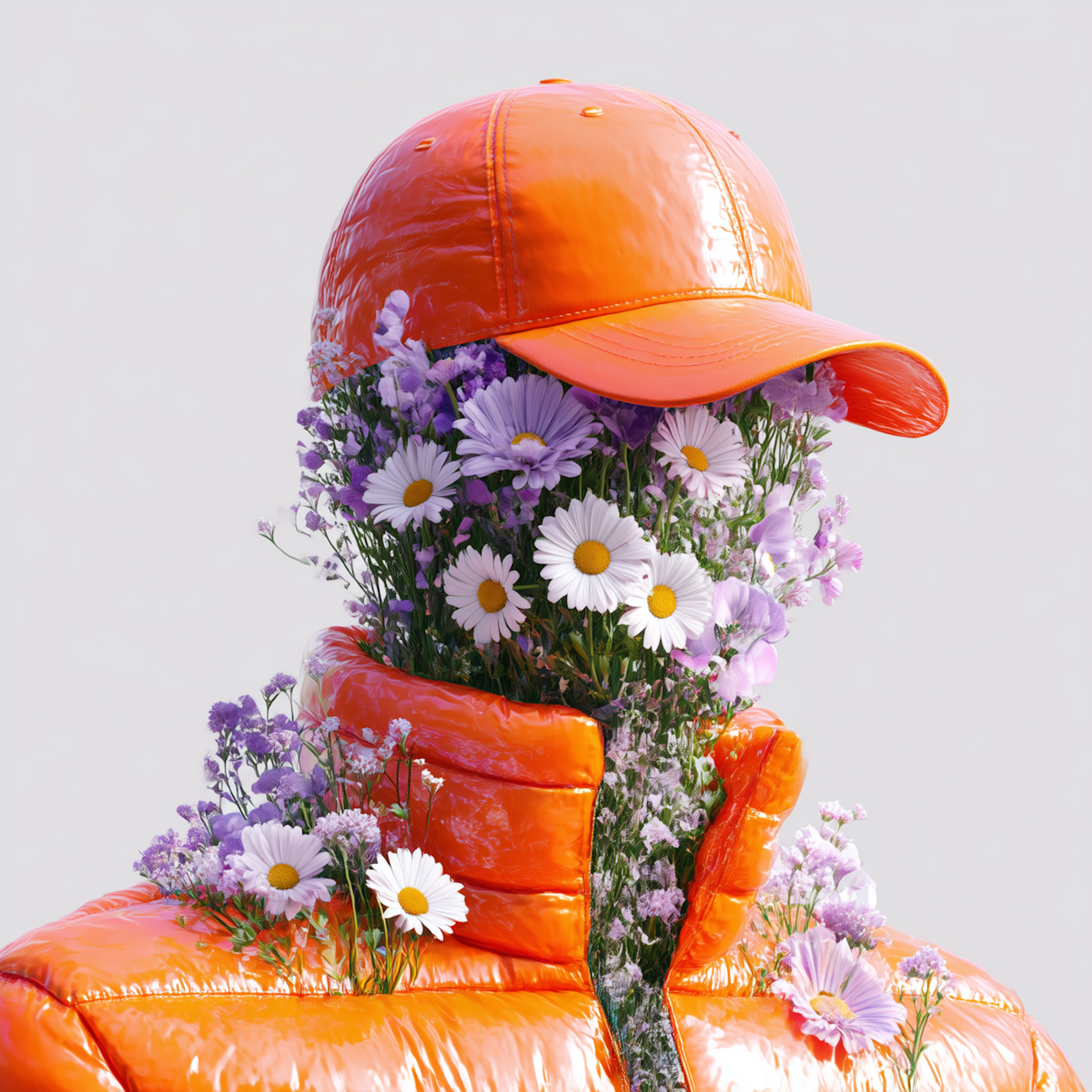 Orange cap on a figure made of purple flowers