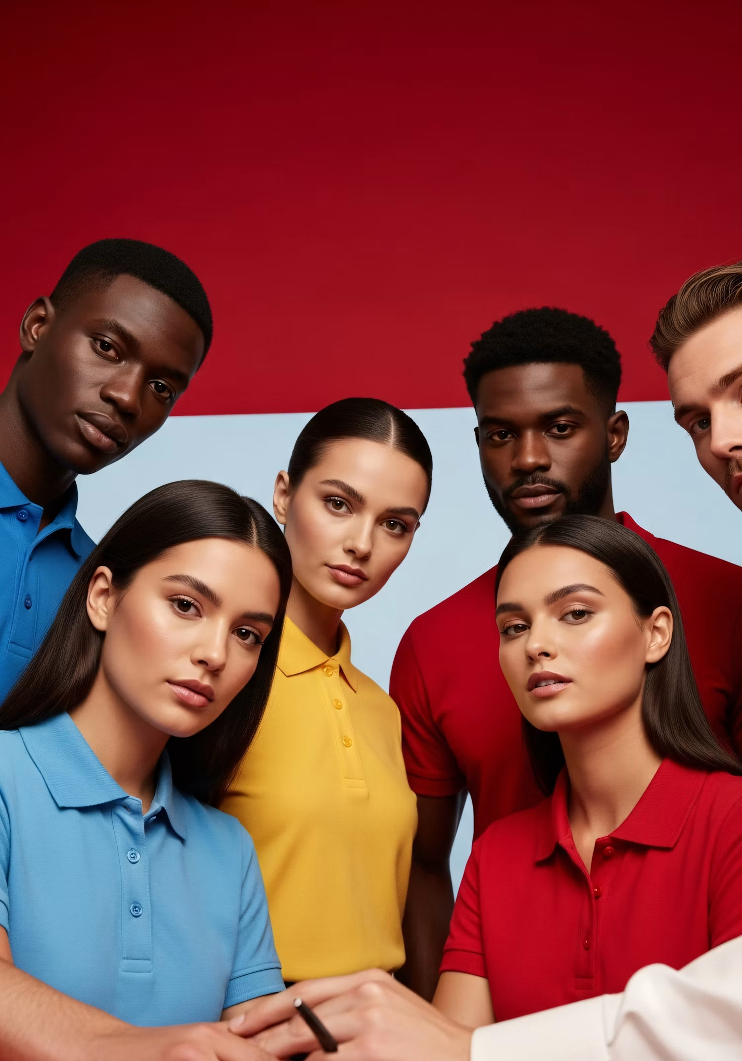Group portrait in bright polo shirts