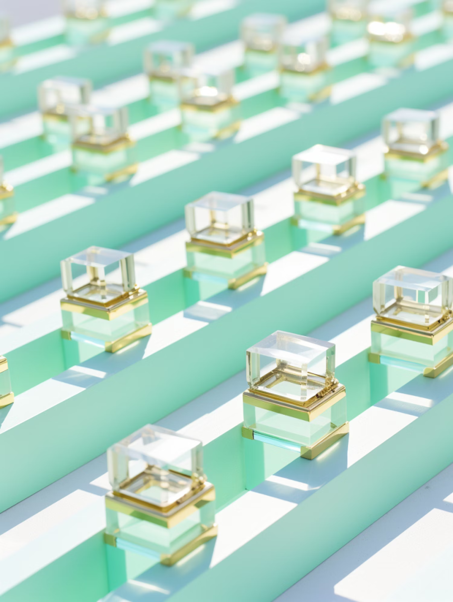 Rows of glass perfume bottles on mint stripes