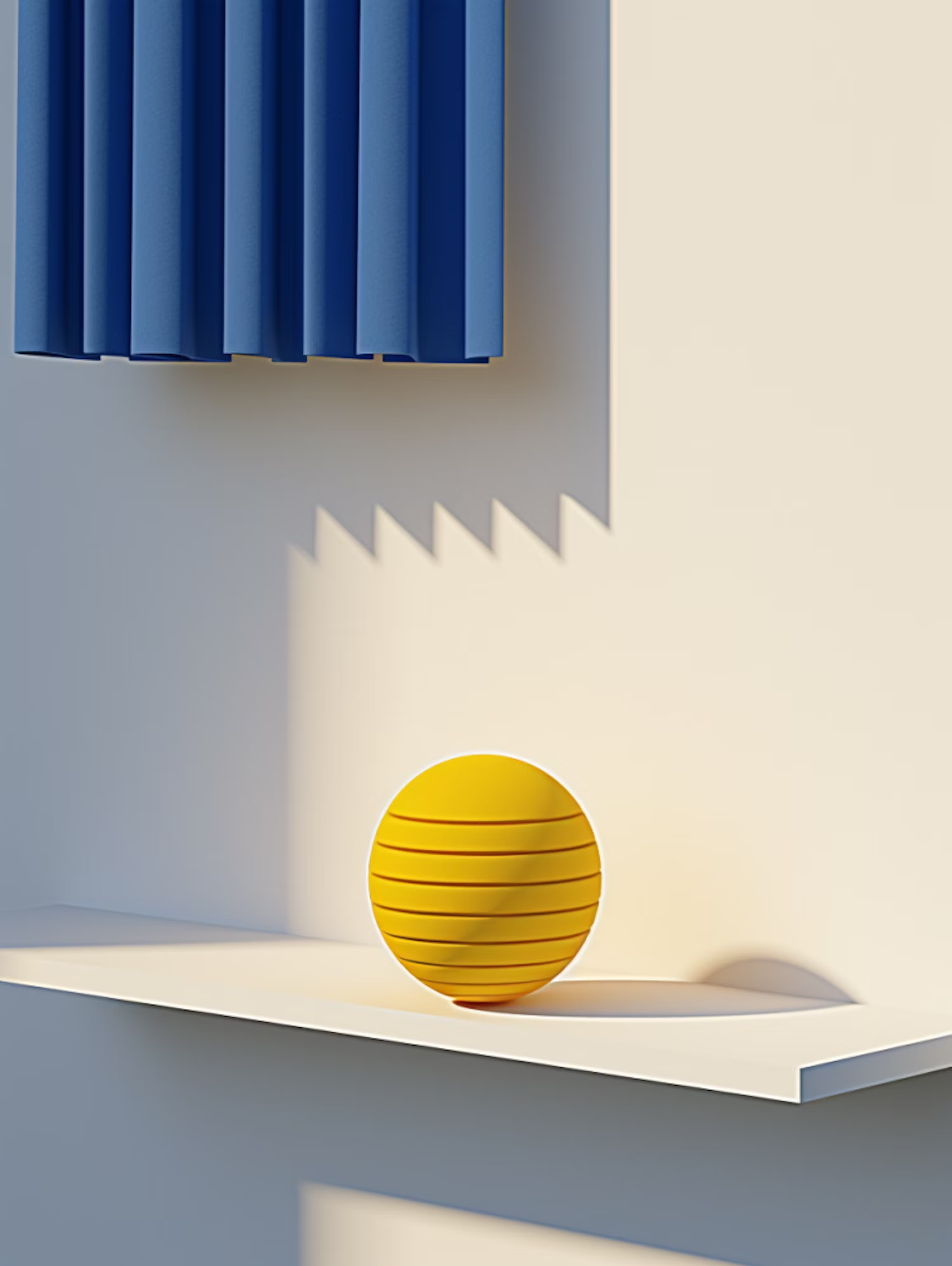 Yellow striped sphere on a pale shelf