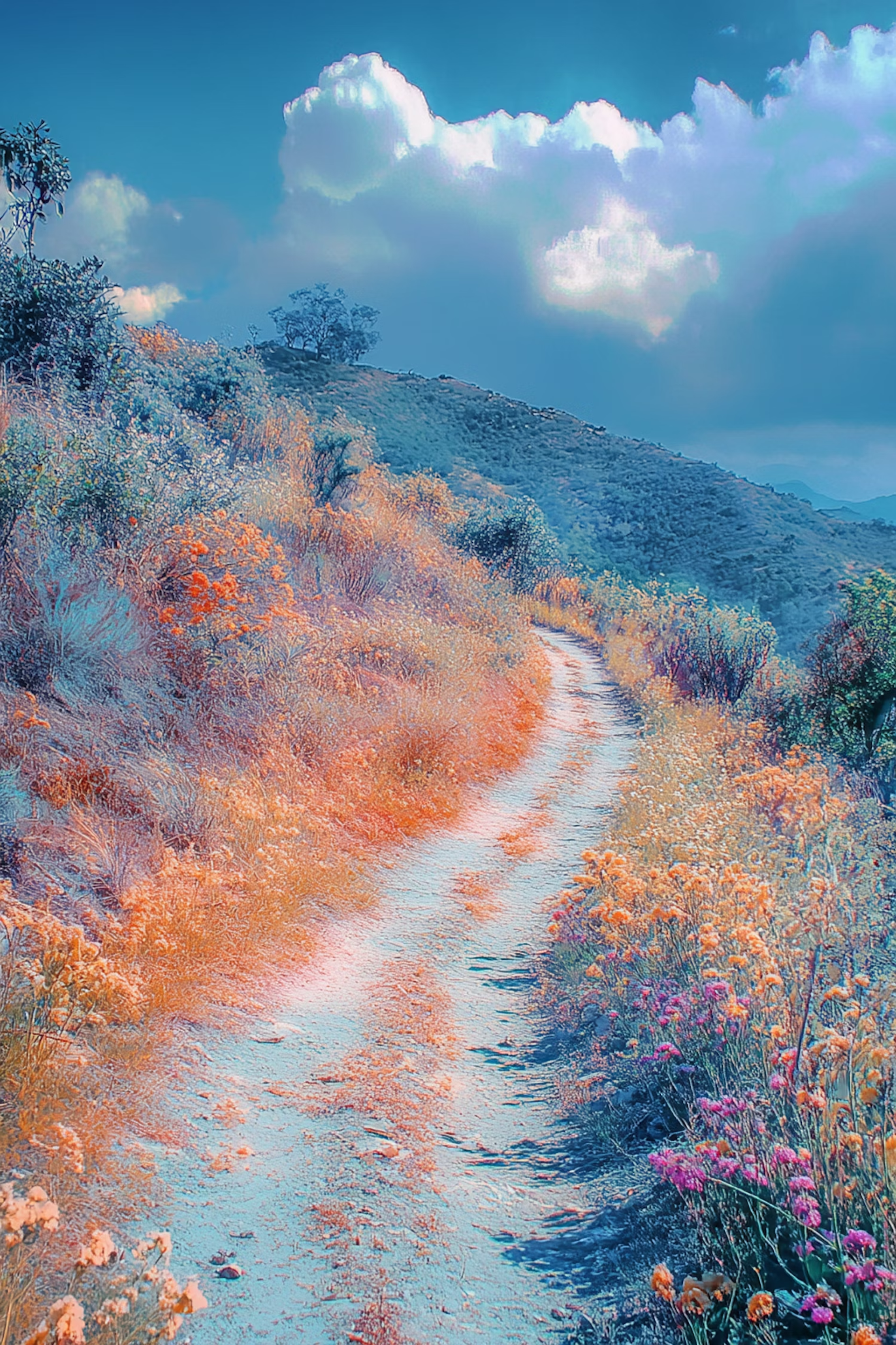 Path through a hillside of pastel wildflowers