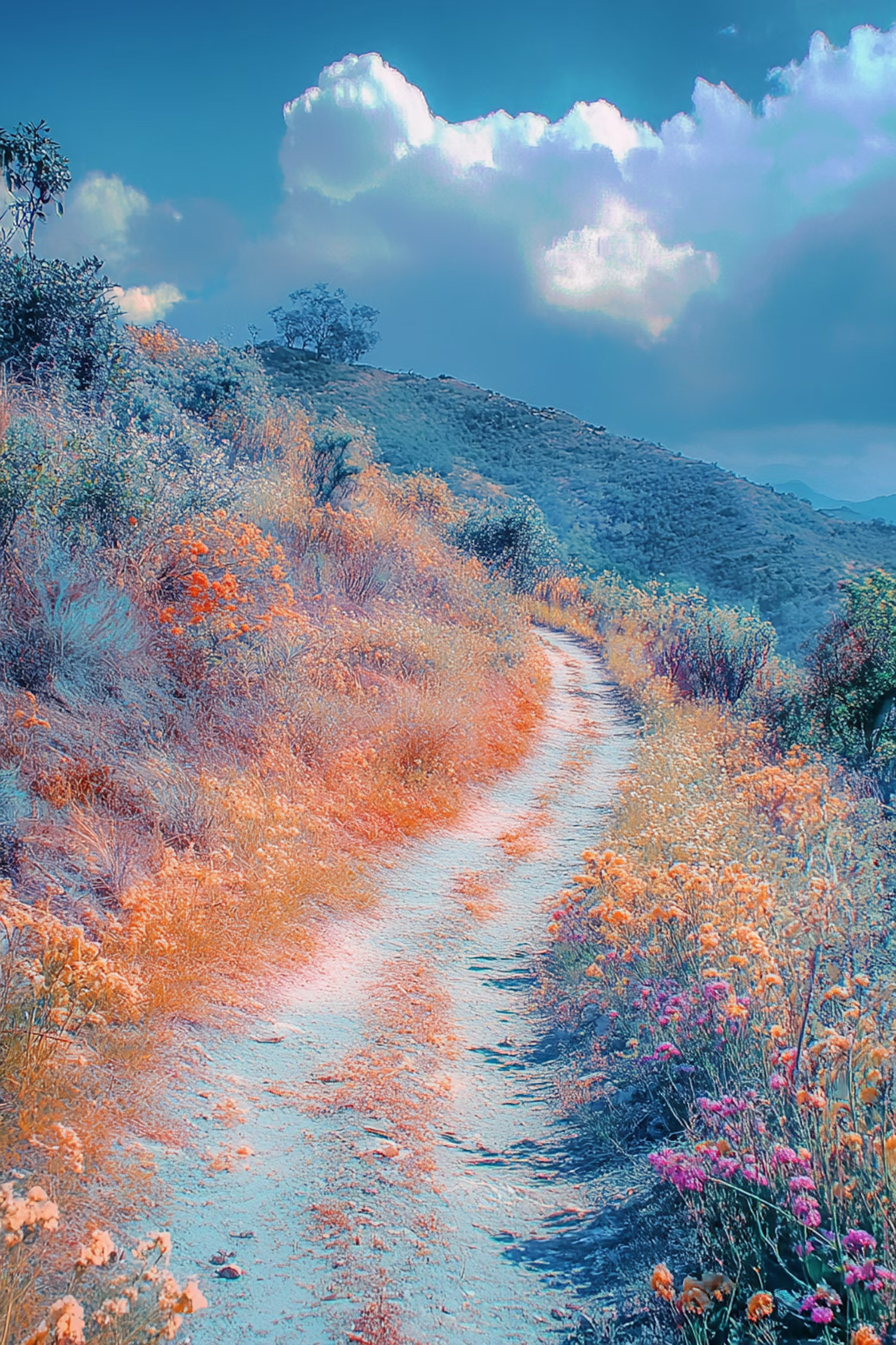 Path through a hillside of pastel wildflowers