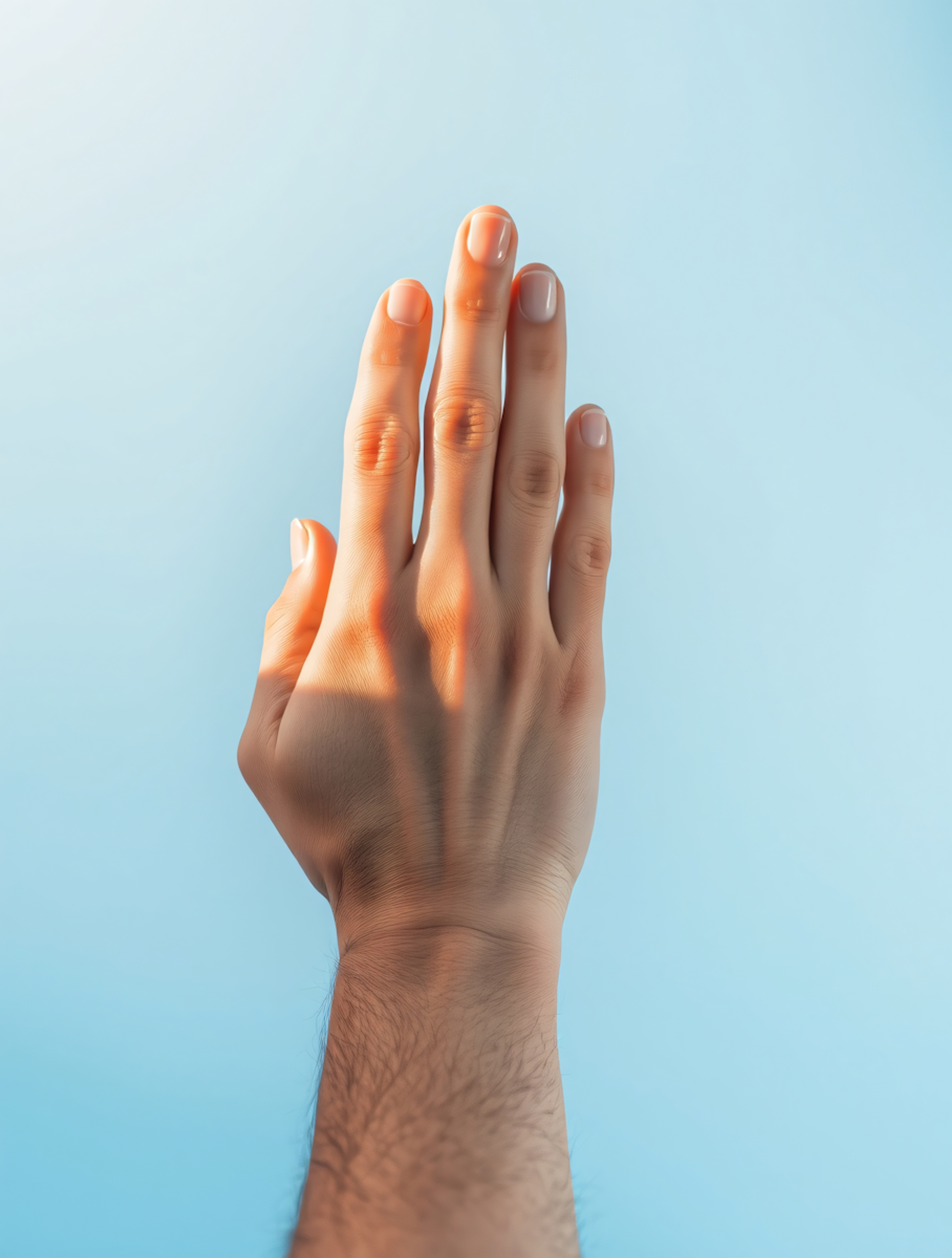 Hand raised against a pale blue sky