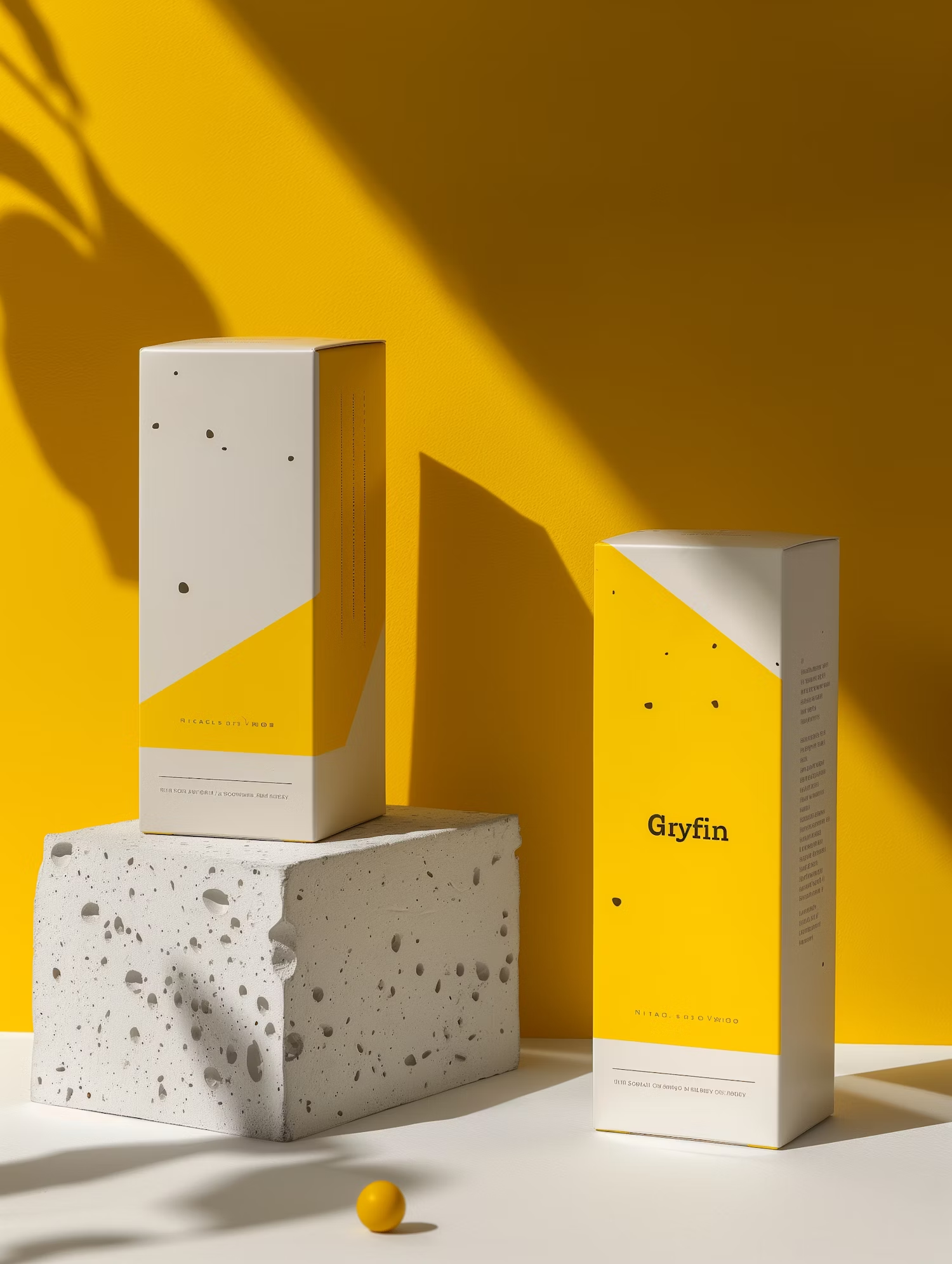 Yellow Gryfin packaging on a stone block