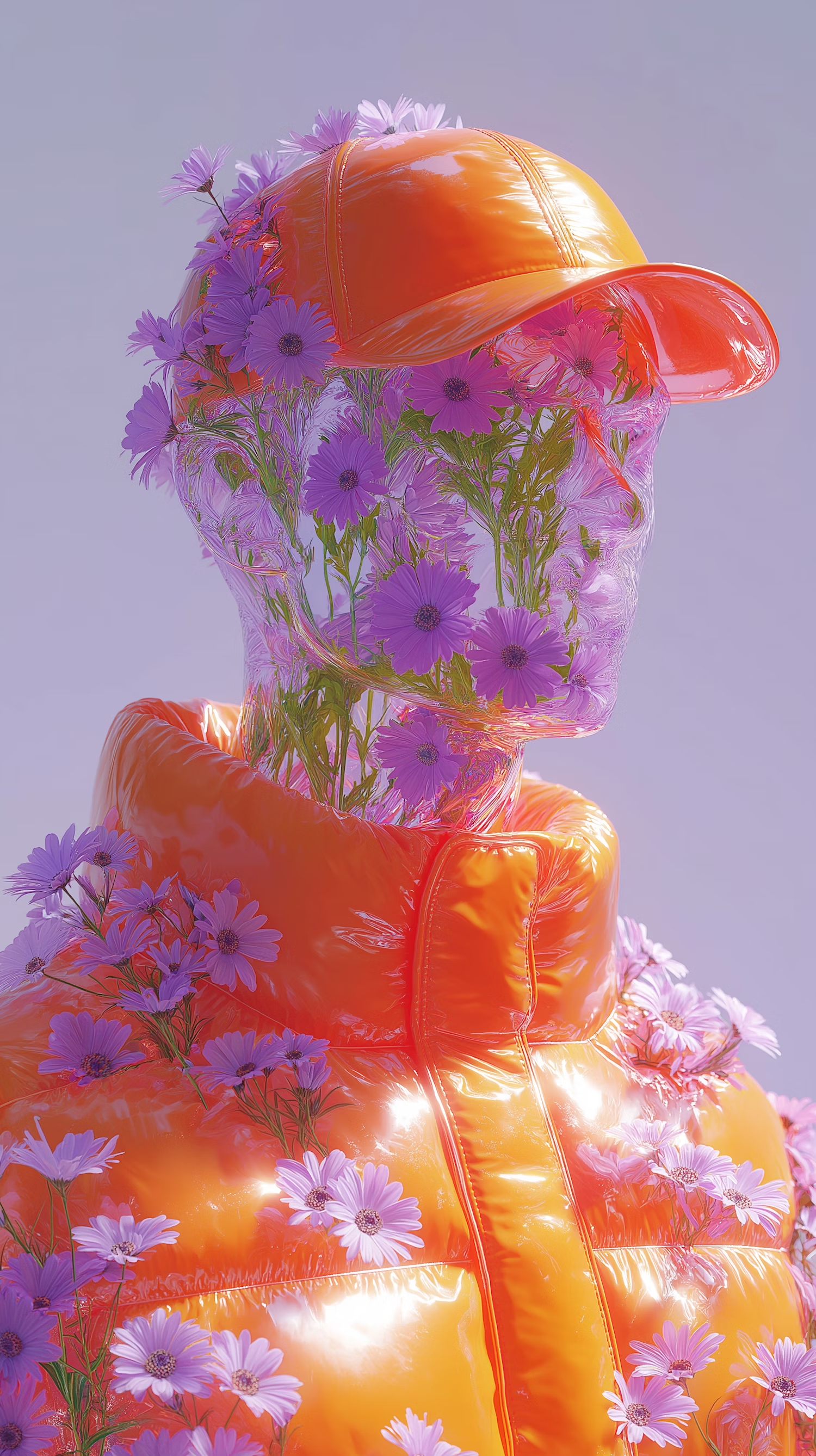 Orange cap on a glass head filled with purple flowers