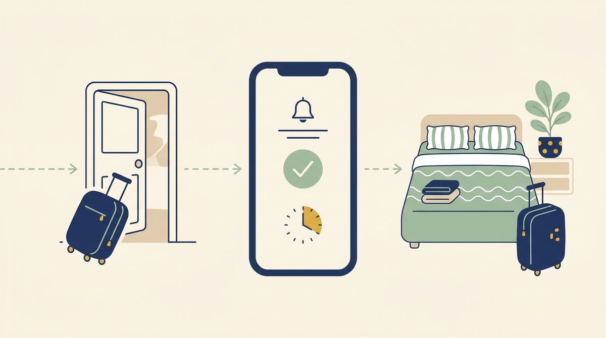 Rotation entre deux voyageurs : départ avec valise, mission de ménage confirmée sur téléphone et chambre prête pour l'arrivée suivante