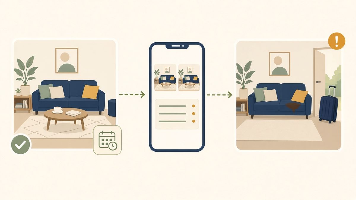 Comparaison entre le logement remis propre et horodaté et l'état constaté au départ du voyageur, avec le dossier ouvert sur un téléphone