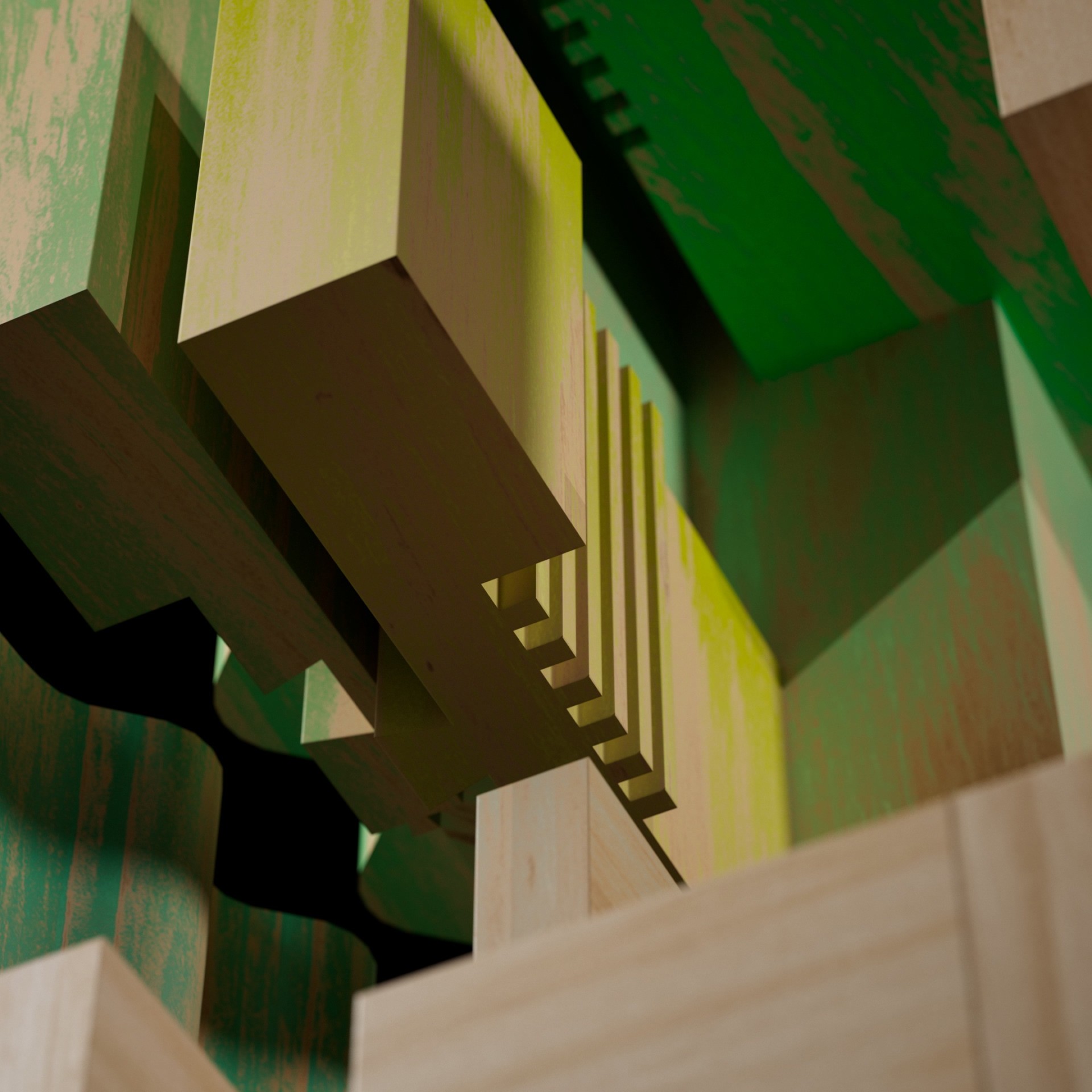 Close up of fragmented joinery coming together