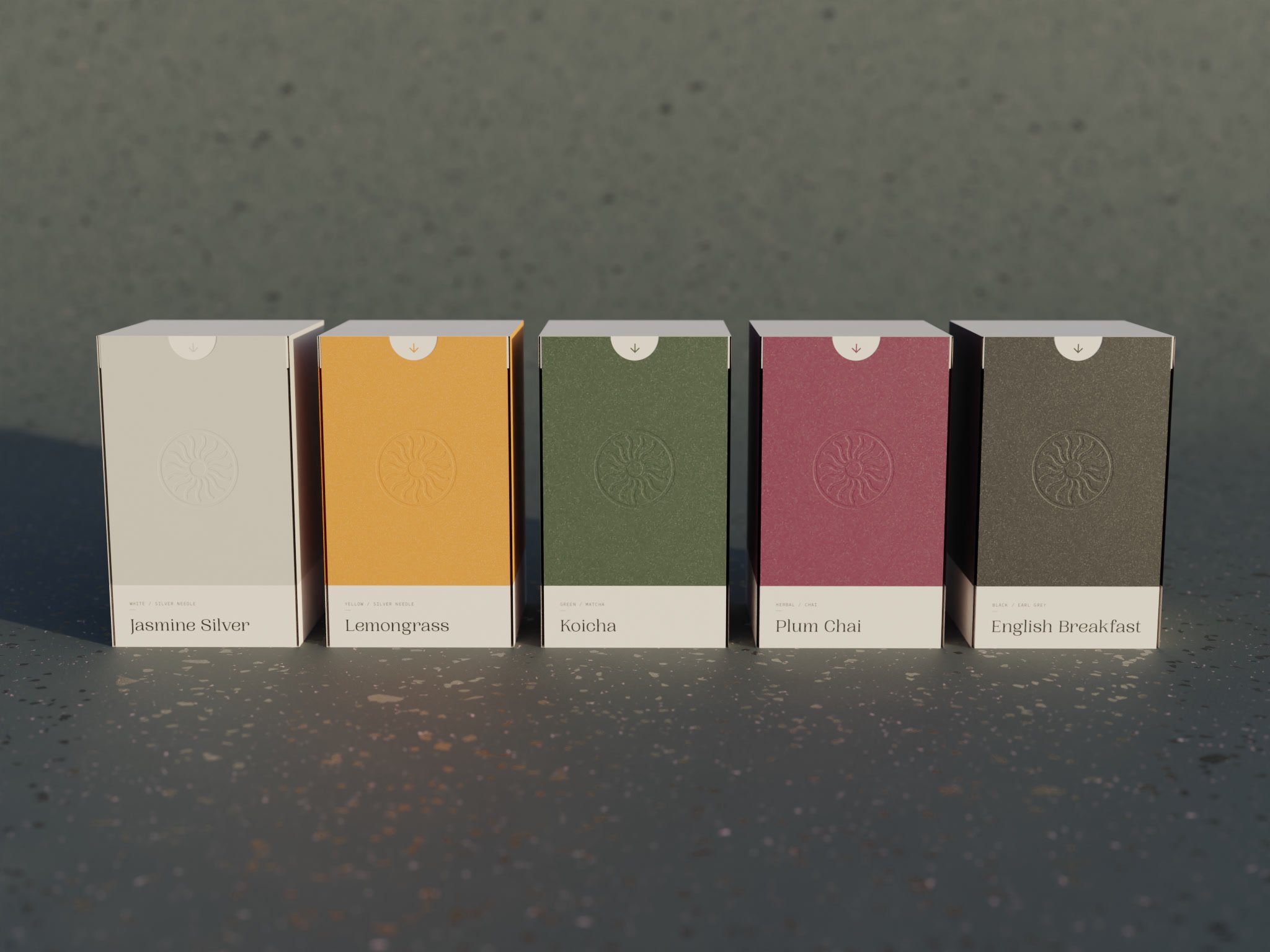 Tea packages lined up in a row
