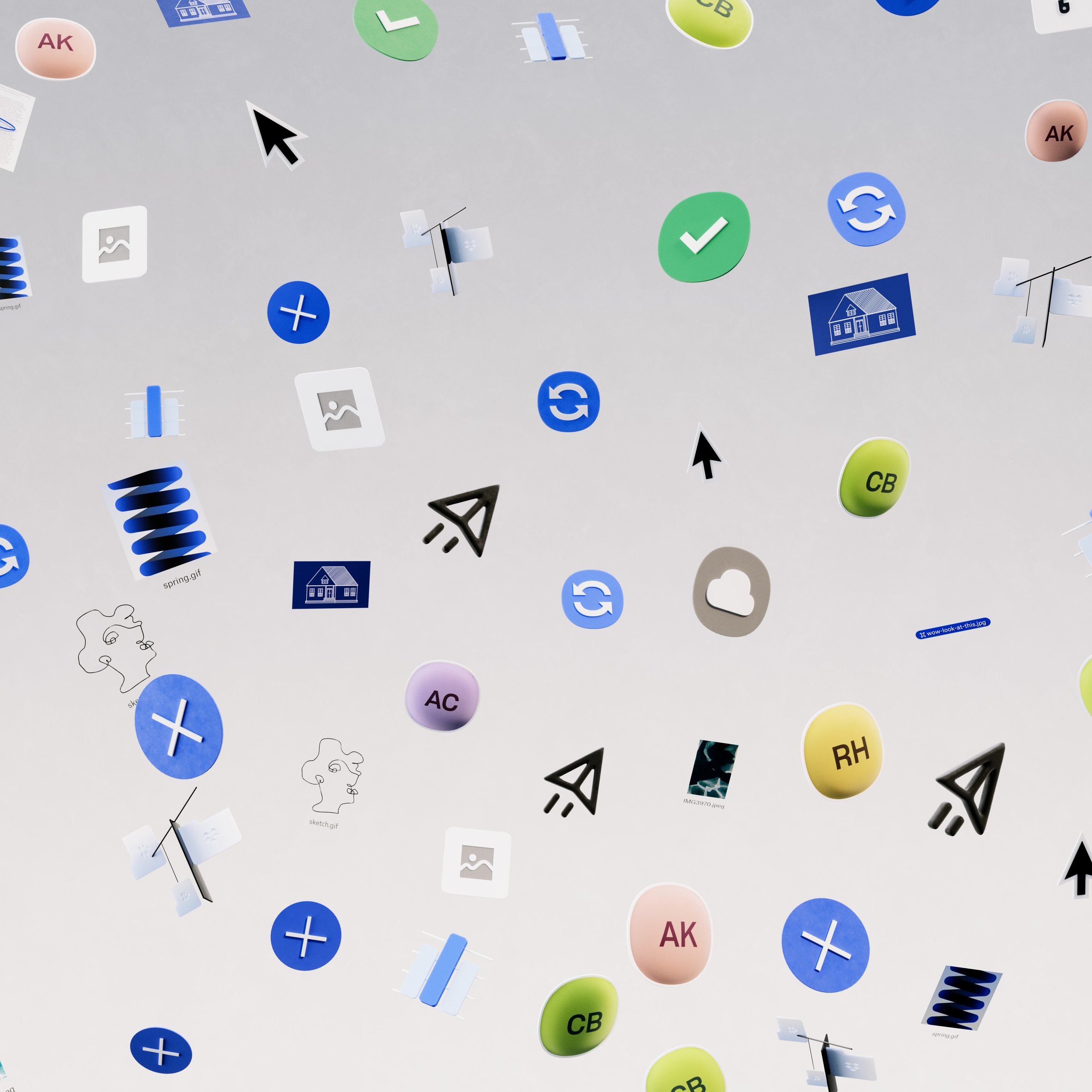 Dropbox UI elements scattered in a grid