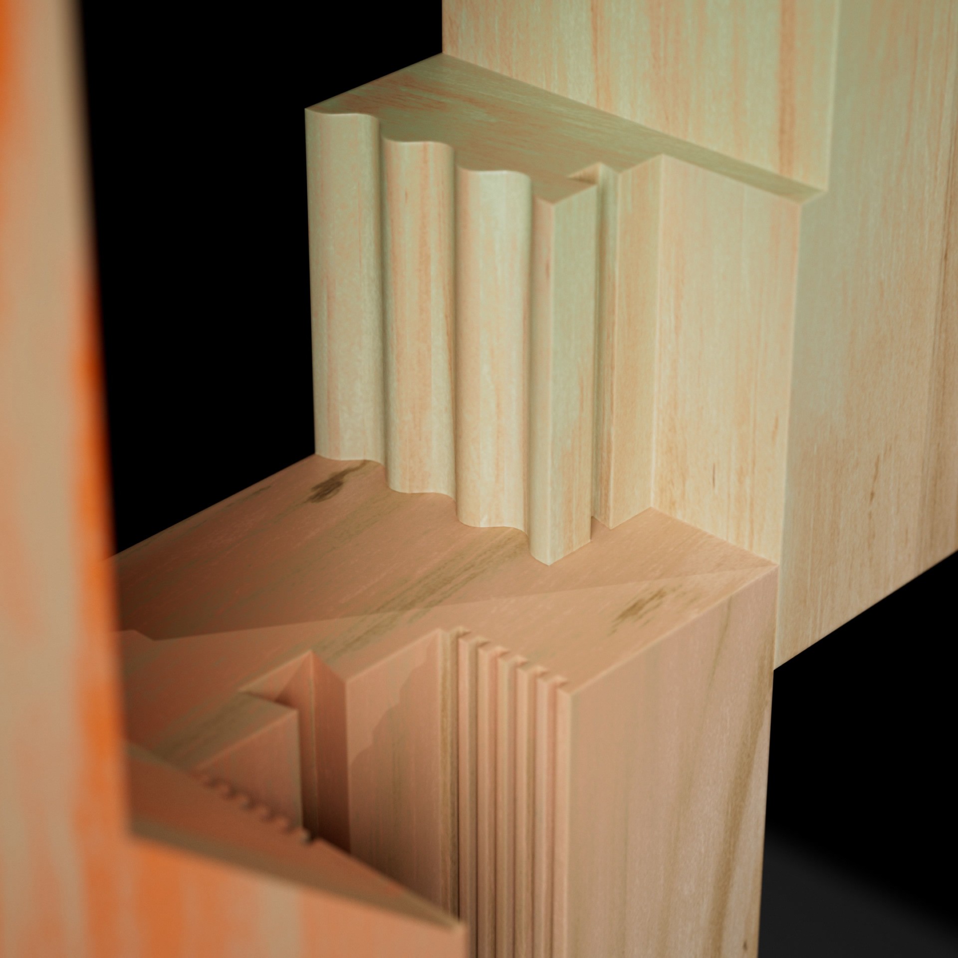 Close up of fragmented joinery coming together
