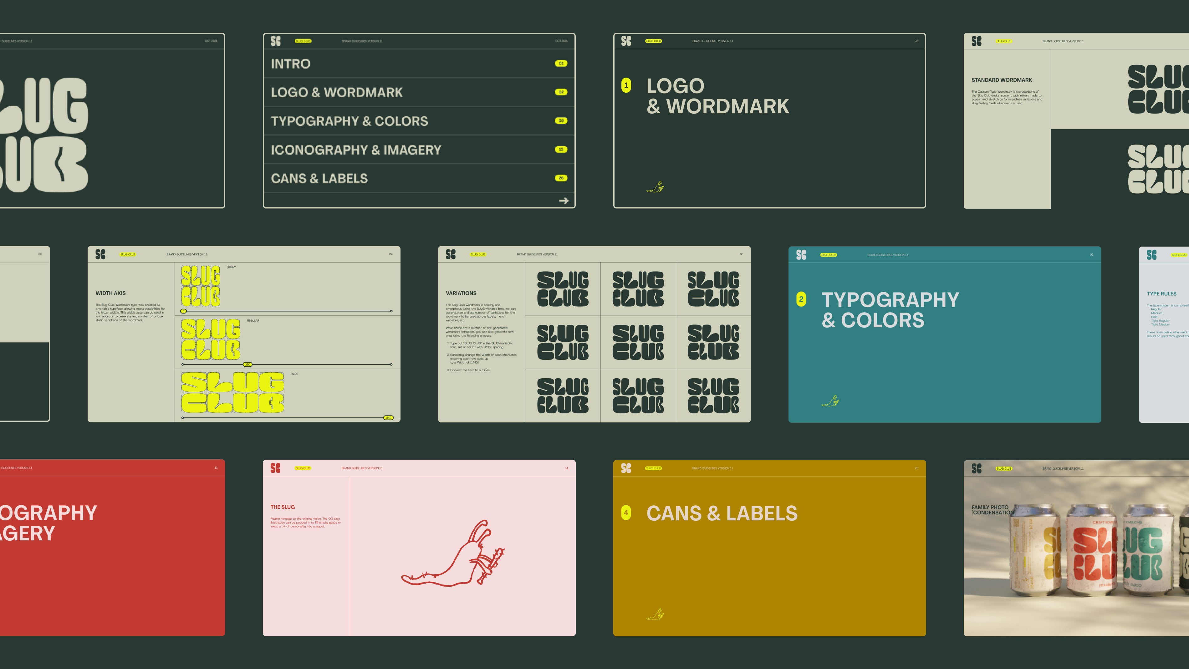 Grid of pages from Slug Club brand guidelines