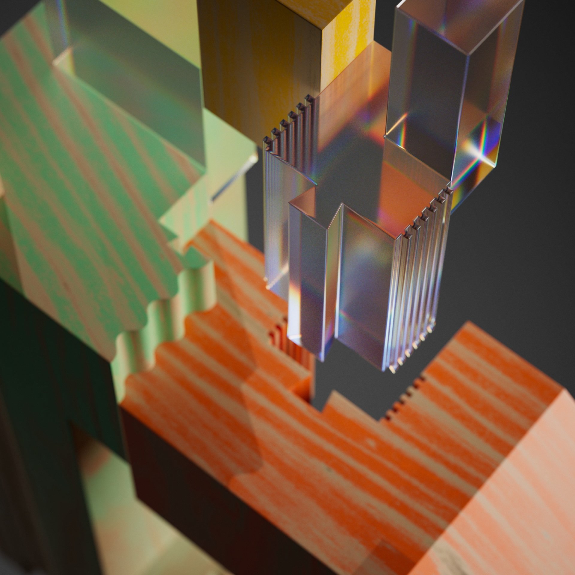 Close up of fragmented joinery coming together
