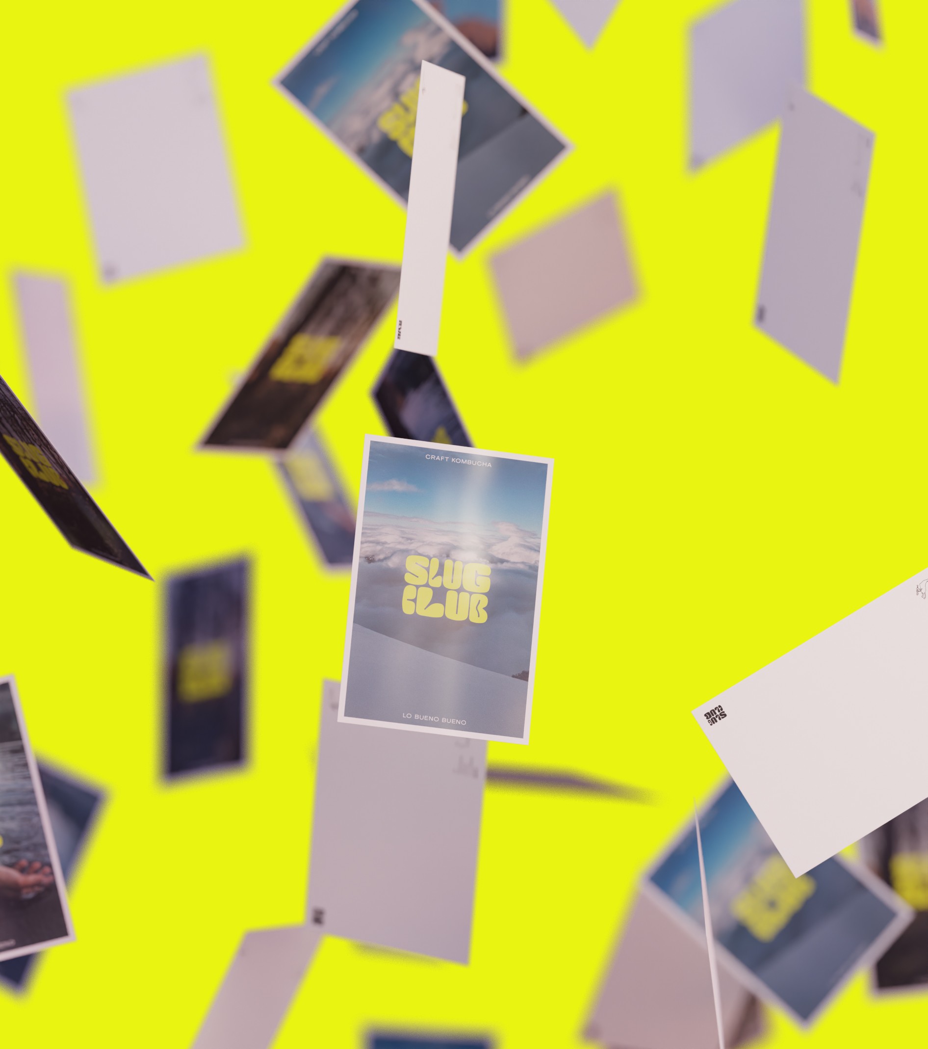 Postcards floating in vibrant yellow space