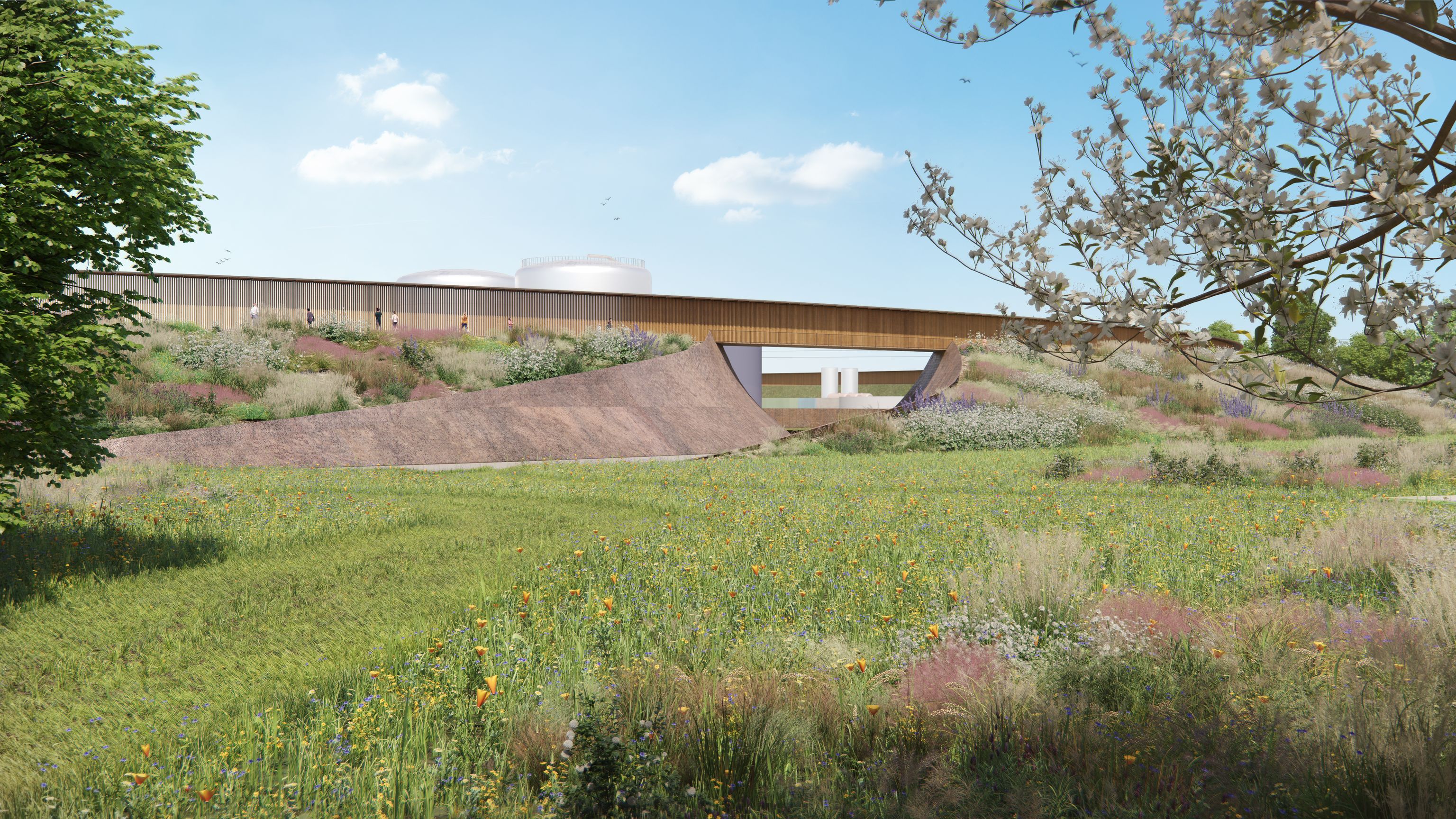 an artist 's impression of a bridge over a grassy field .