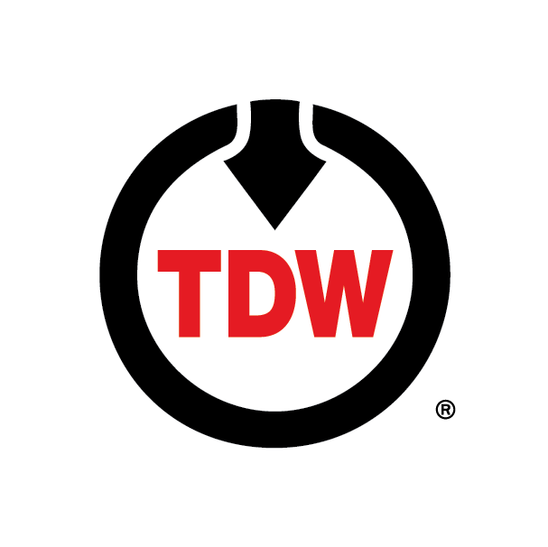 TDW logo with red text inside a white circle with a black outline and a black downward-pointing shape at the top.