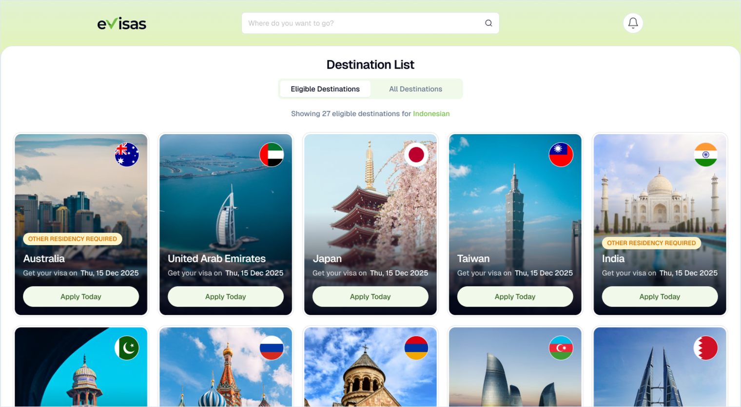 The eVisas destination list showing “27 eligible destinations for Indonesian”, with country cards for Australia, the UAE, Japan, Taiwan and India; several carry an “Other residency required” badge.