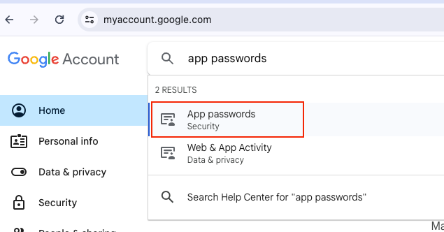 Searching for App Passwords in Google Account settings