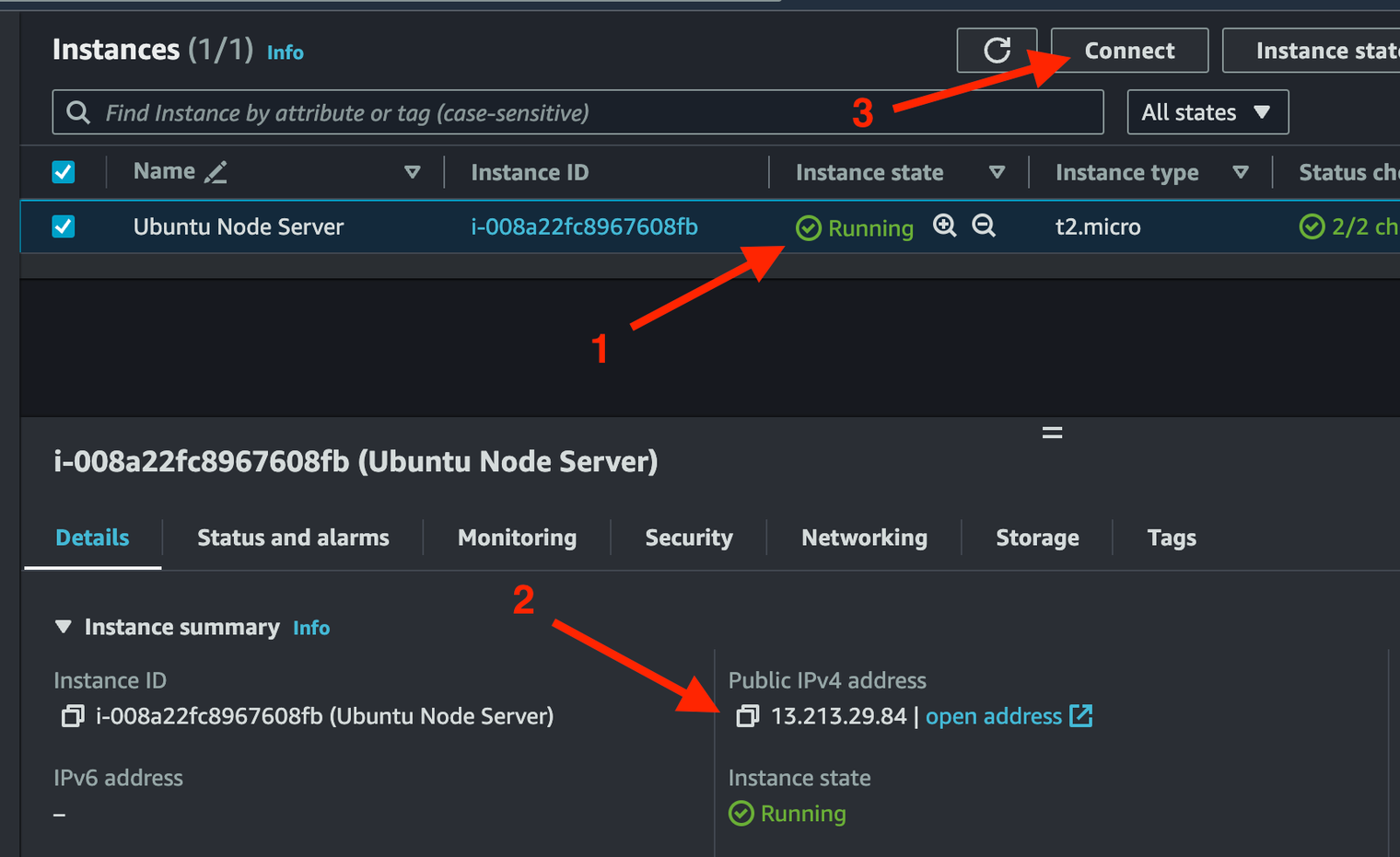 EC2 instance details page showing the public IPv4 address and Connect button