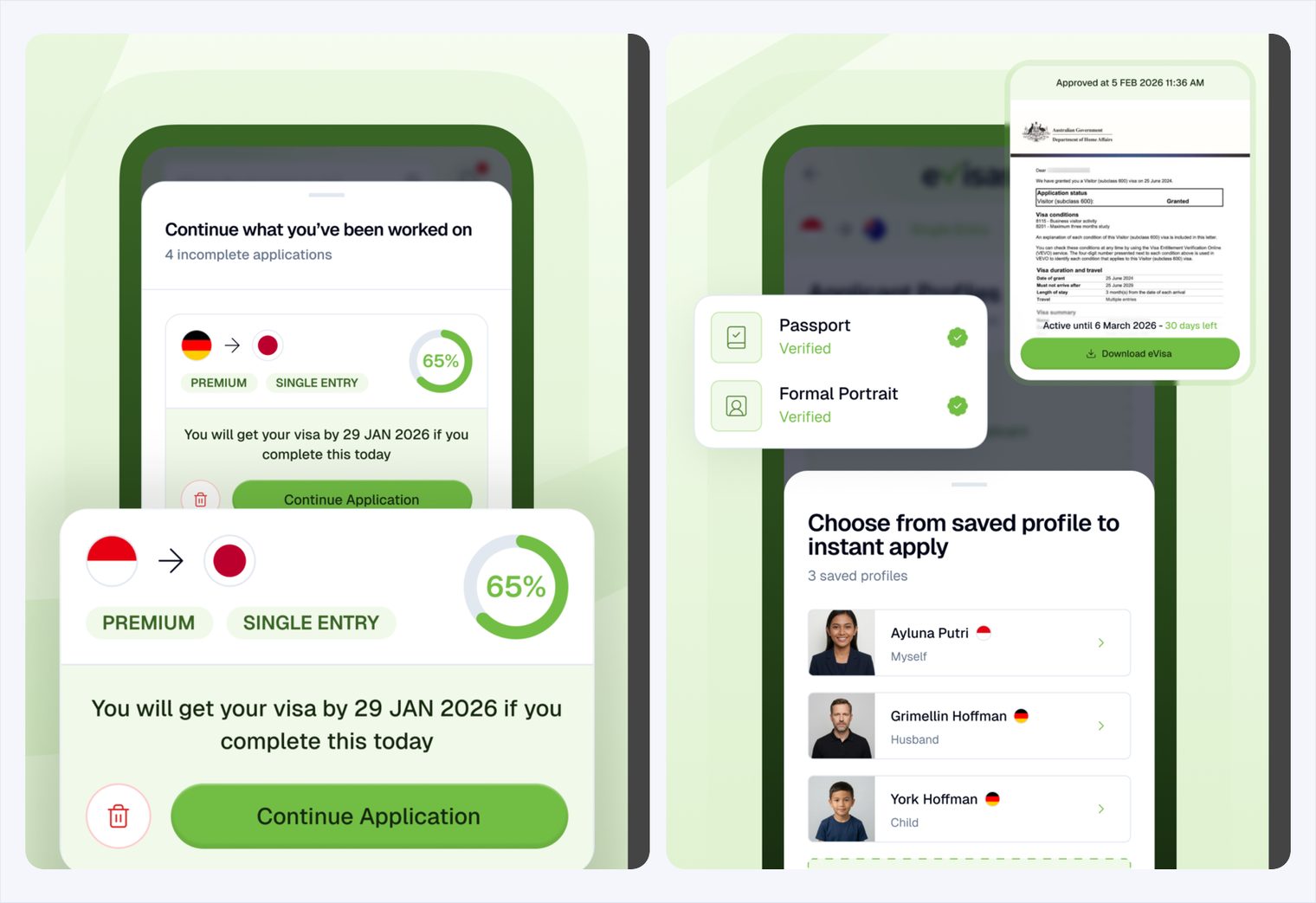 Two eVisas mobile app screens. The left shows a part-finished application at 65% with a Continue Application button. The right shows a saved-profile picker listing three travellers labelled Myself, Husband, and Child, above a verified passport and portrait.