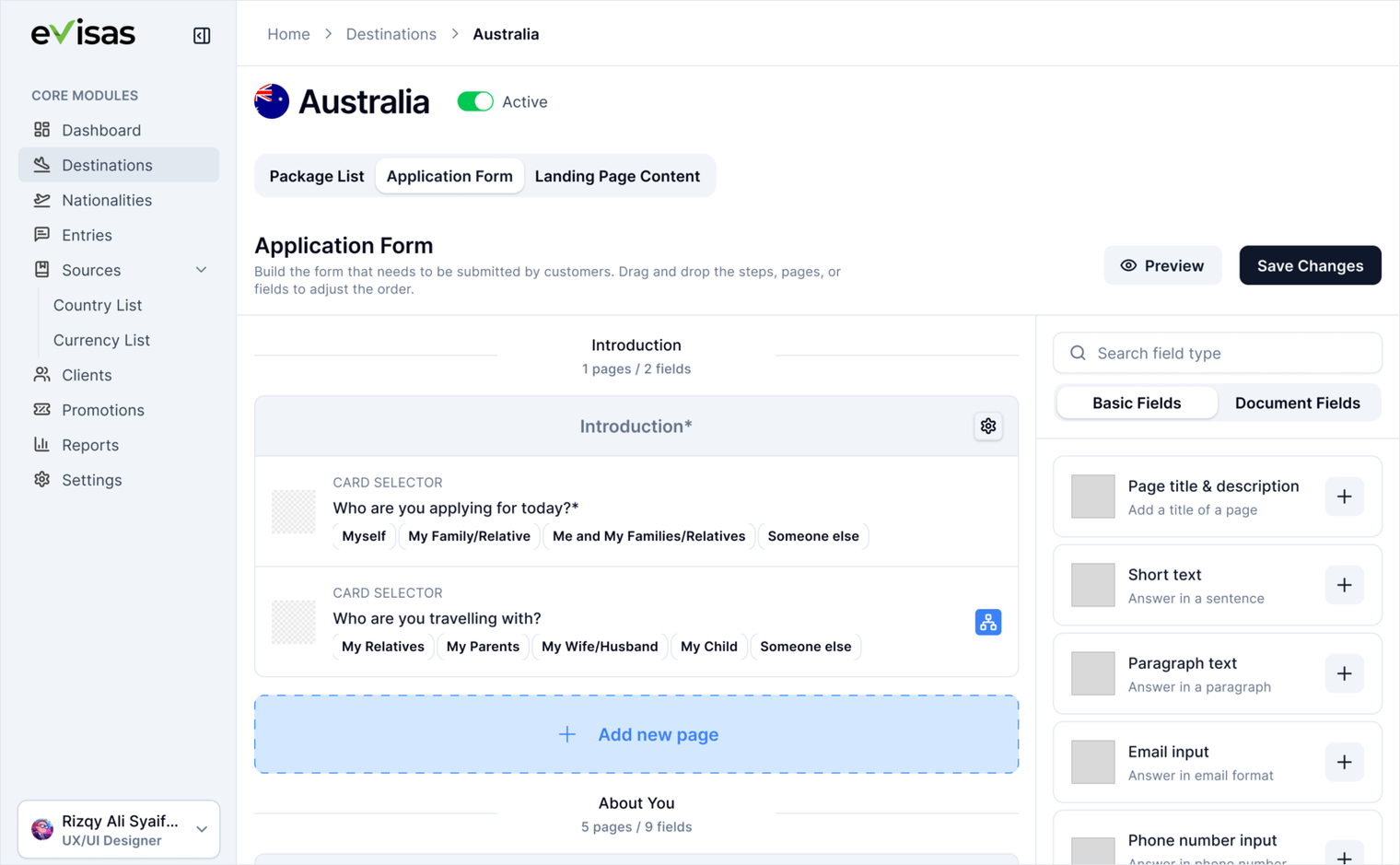 The eVisas admin form builder for Australia, showing the application form as steps and pages with card-selector fields, alongside a searchable field-type palette offering short text, paragraph text, email, phone number, detailed address and payment fields.