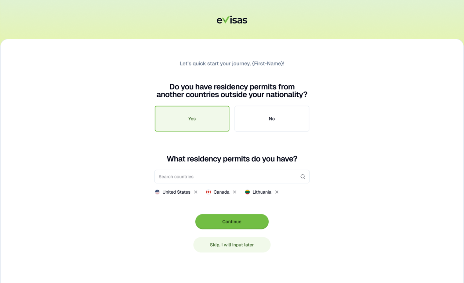 An eVisas onboarding question reading “Do you have residency permits from another countries outside your nationality?” with Yes selected, which has revealed a follow-up question listing United States, Canada and Lithuania.