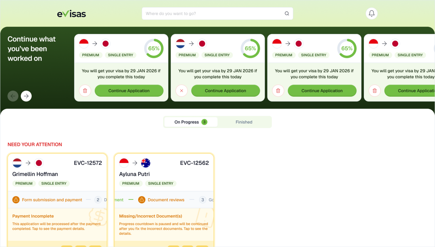 The eVisas customer dashboard showing part-finished applications at 65% with Continue Application buttons, and a card headed “Missing/Incorrect Document(s)” explaining that the progress countdown is paused until the documents are fixed.