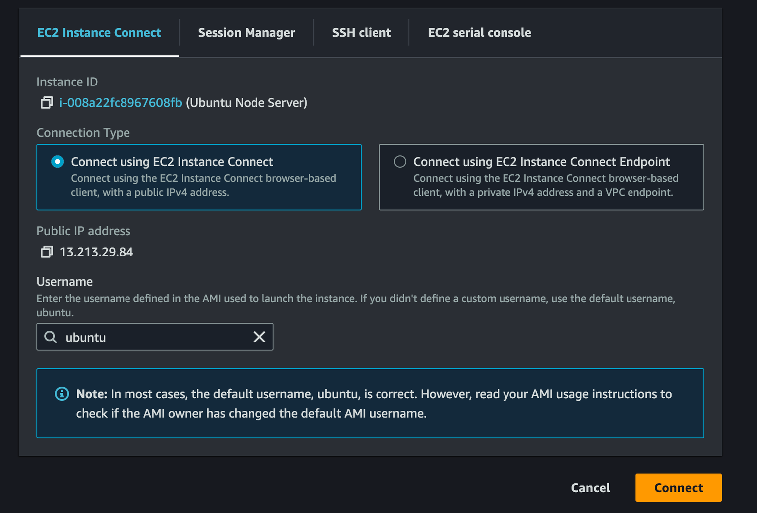 The EC2 Instance Connect tab with the Connect button