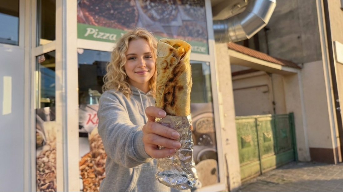 Kebab podany na talerzu w lokalu obok kebaba zapakowanego na wynos