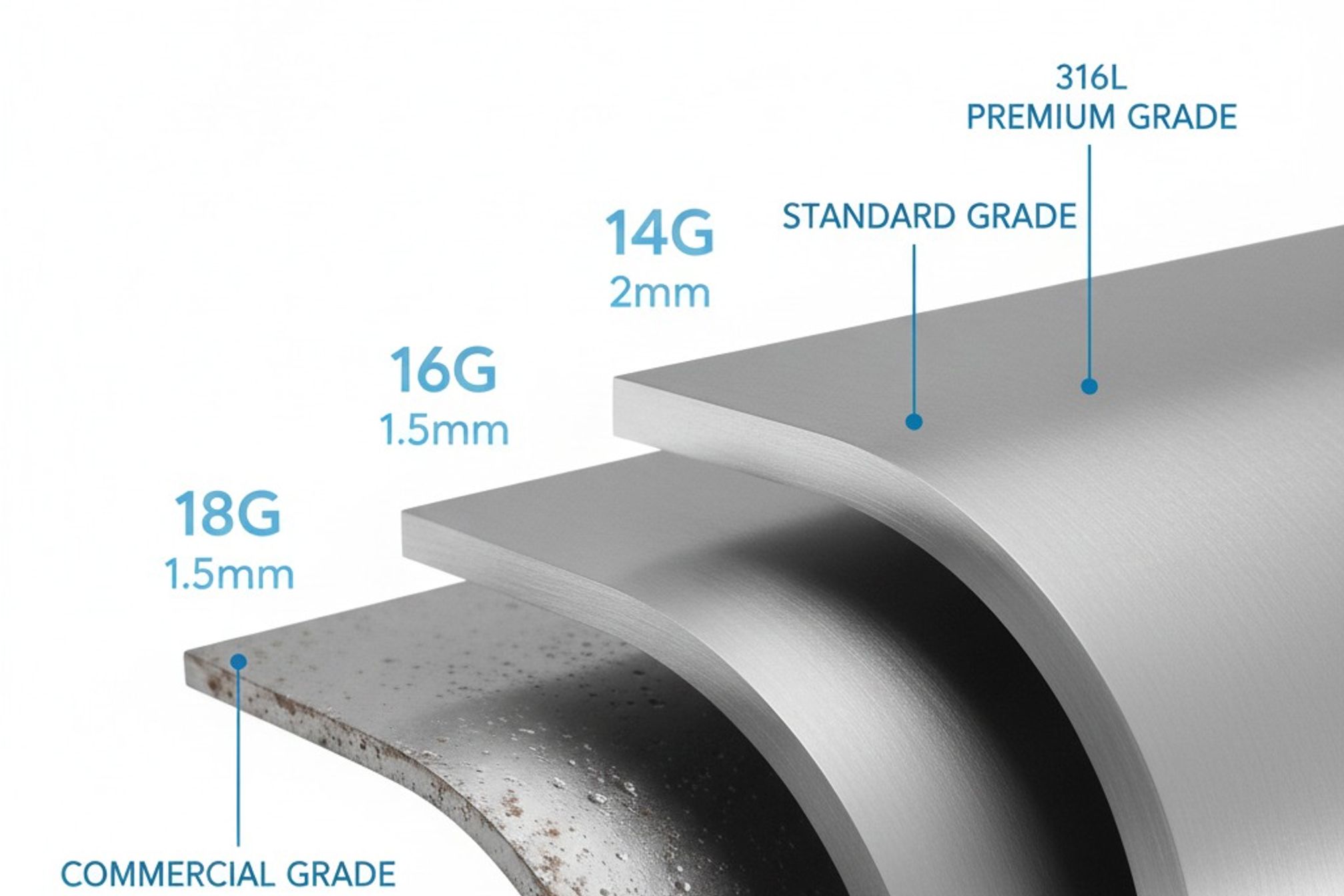 A visual guide to metal grades. Note the difference in surface finish and thickness from 18G commercial grade to 14G premium 316L stainless steel.