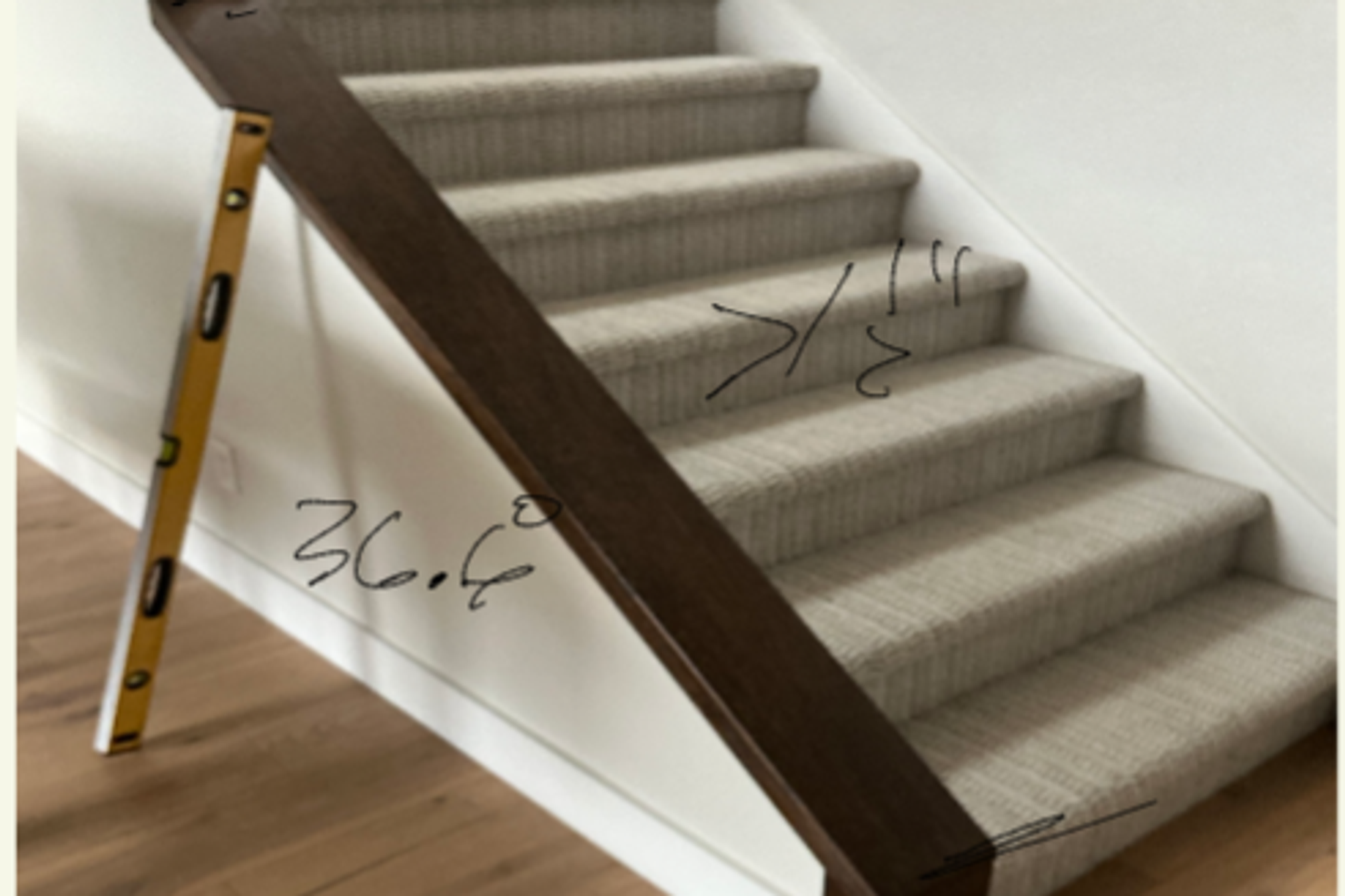 Site measurements for interior staircase handrail with level check