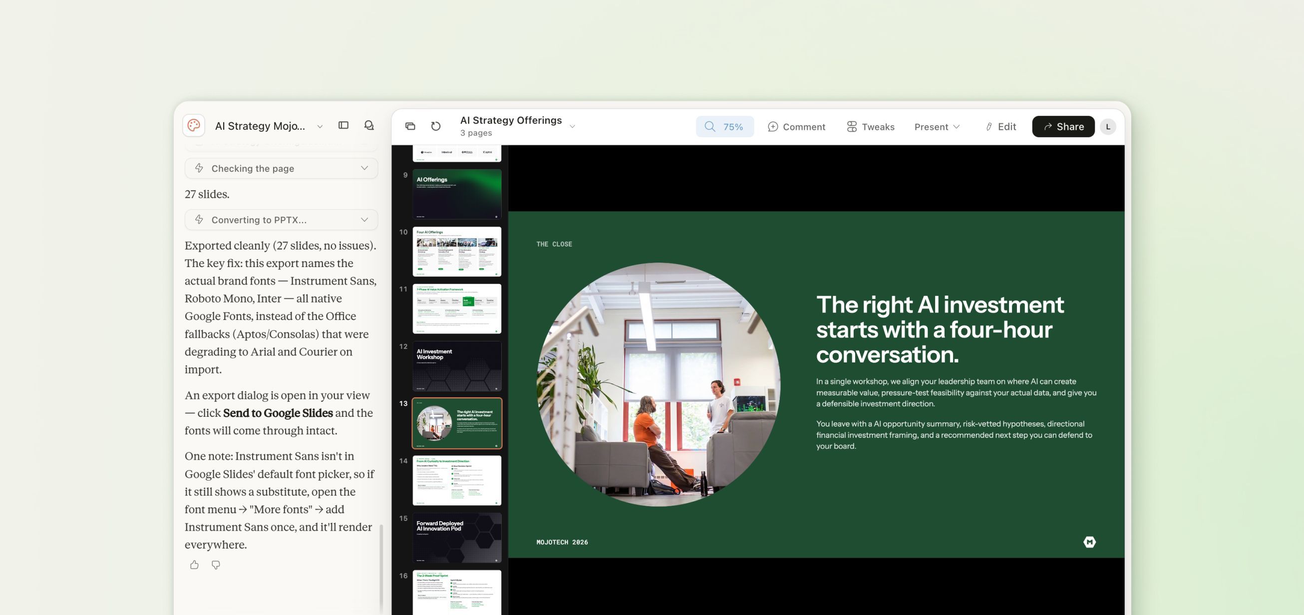 Claude Design interface with AI chat sidebar and slideshow preview viewer showing a slide with a circle image and content