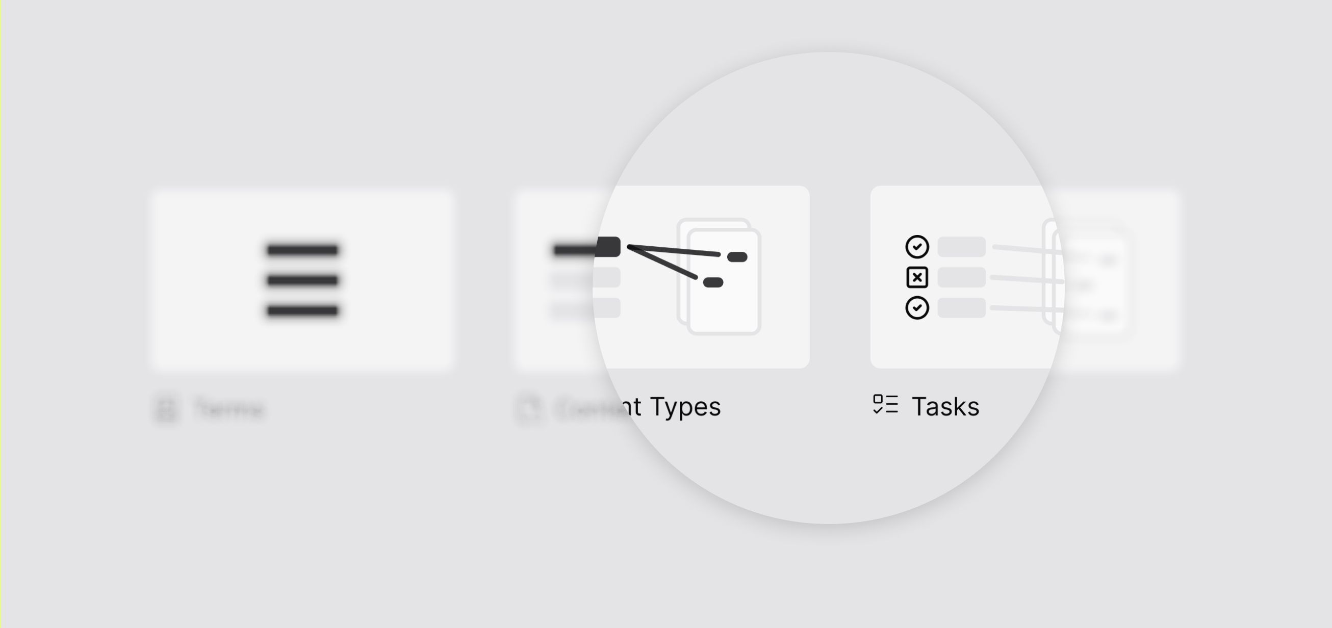 Greyscale UI of illustrated content types and tasks, focused in on, on top of a blurred background