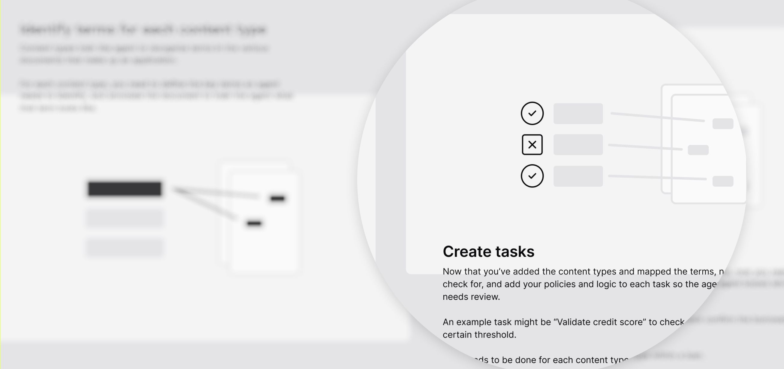 Greyscale UI of instructions on how to create tasks, focused in on, on top of a blurred background