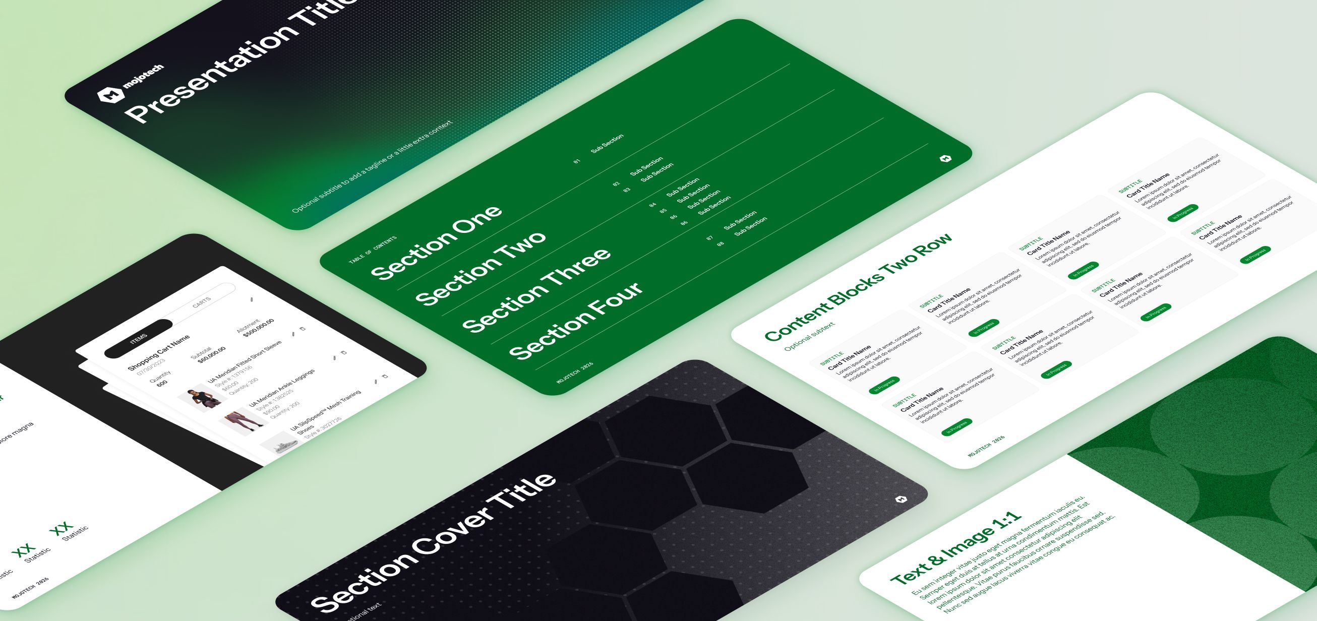 Isometric slide template designs of a generic Title Page, Table of Contents, and Content Blocks